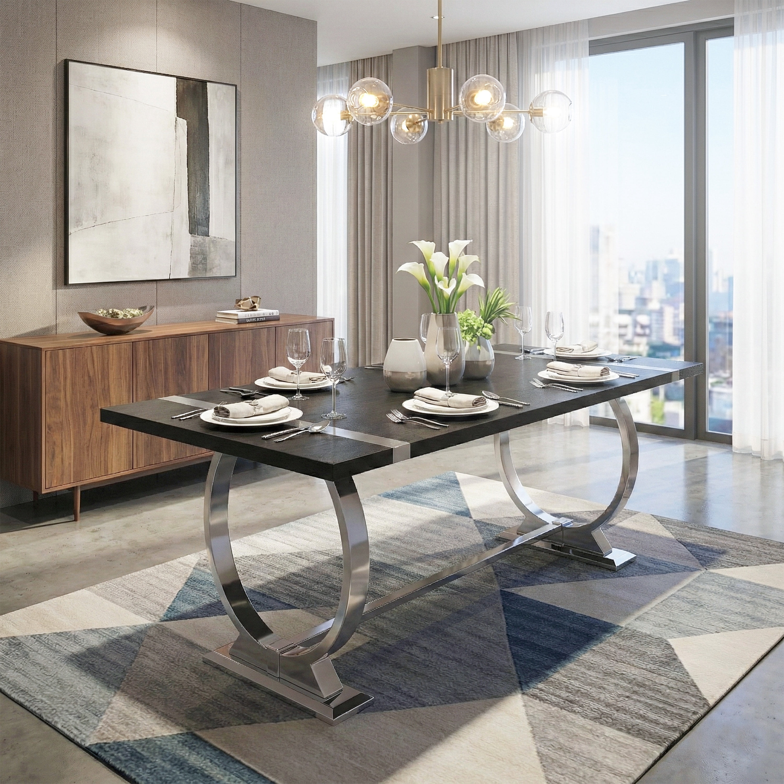 Furniture of America Gaius Glam Wood 80" Rectangle Dining Table with O-Shaped Stainless Steel Trestle Base, Black and Silver