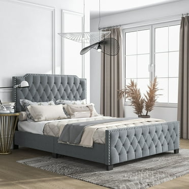Furniture of America  Galavant Modern Tufted Fabric Panel Bed Light Grey Full