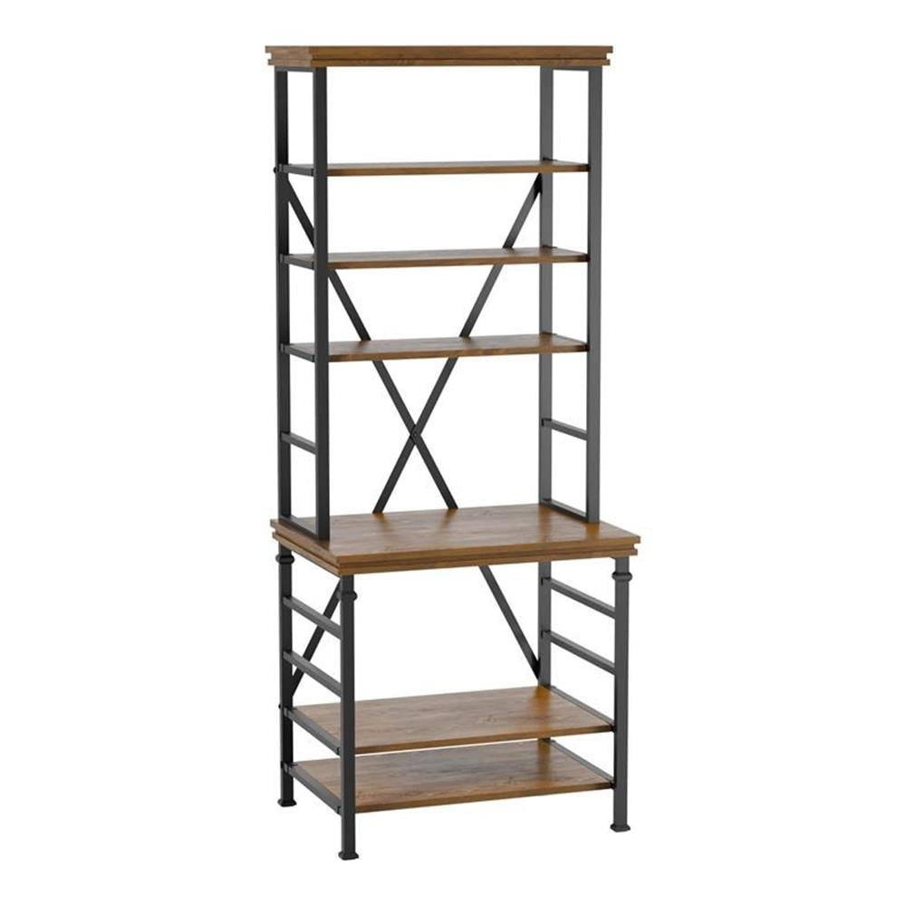 Dark Oak and Black Industrial 6-Shelf Bookcase with Metal Frame