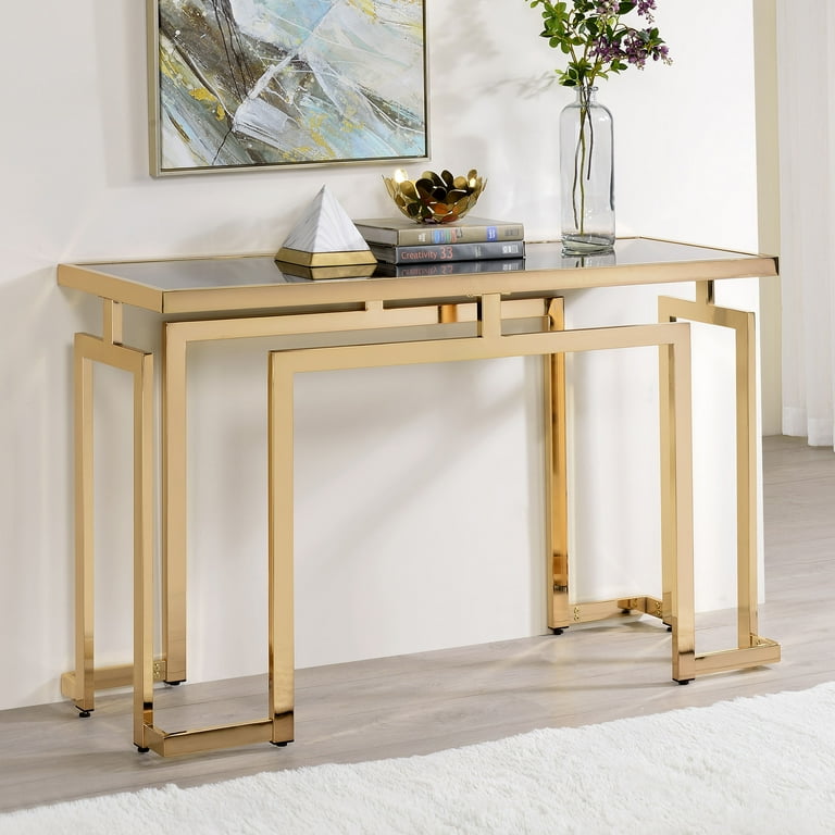 Furniture of America Gendry Glass Top Console Table, Gold Furniture of America Gendry Glass Top Console Table, Gold