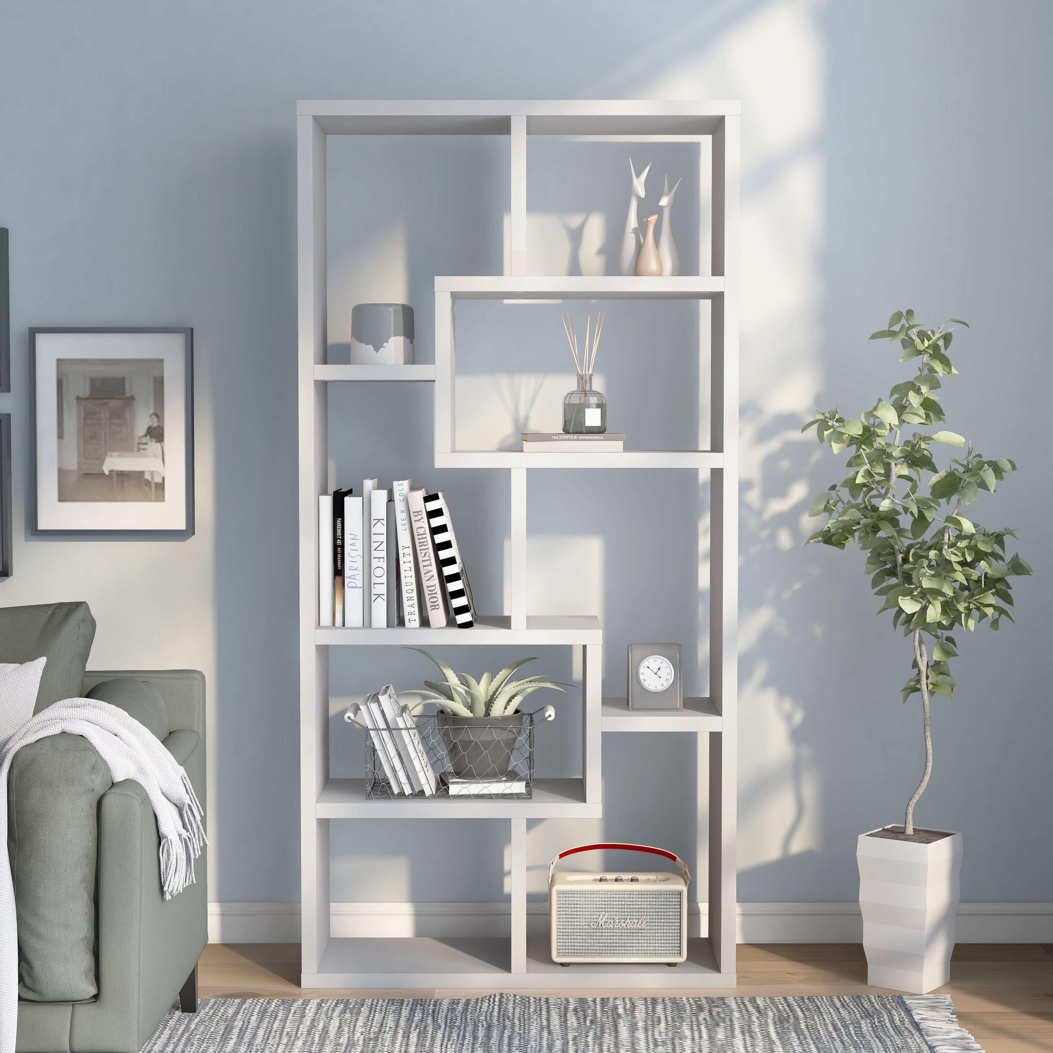 White Geometric 71" MDF 8-Shelf Display Bookcase
