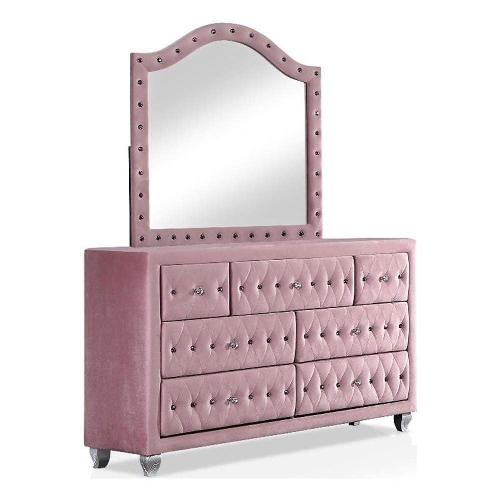 Furniture of America Gijit Glam Fabric 2-Piece Dresser and Mirror Set in Pink