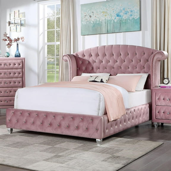 Furniture of America Gijit Wingback Tufted Fabric Queen Bed in Pink