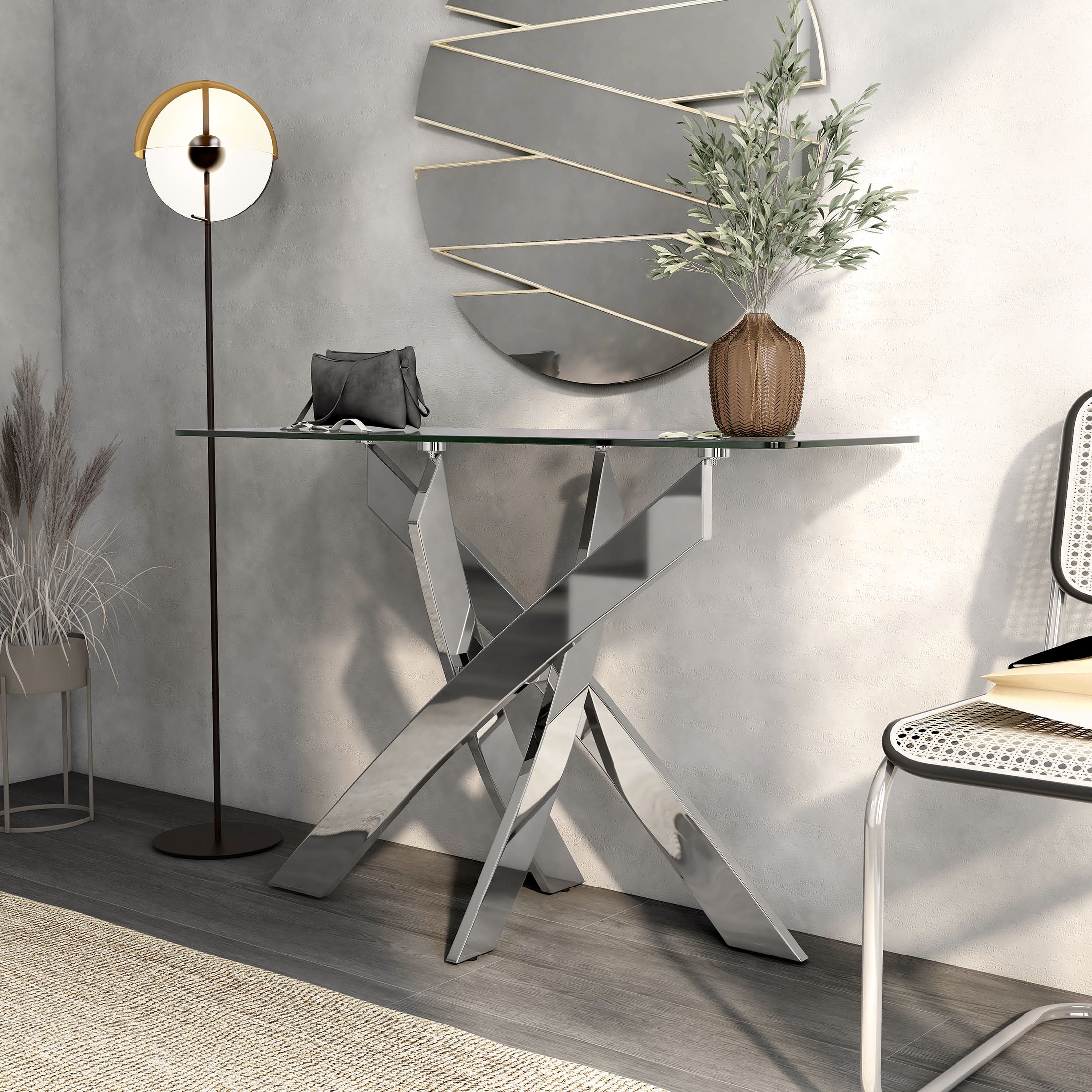 Furniture of America Gisela Glass Top Console Table, Chrome