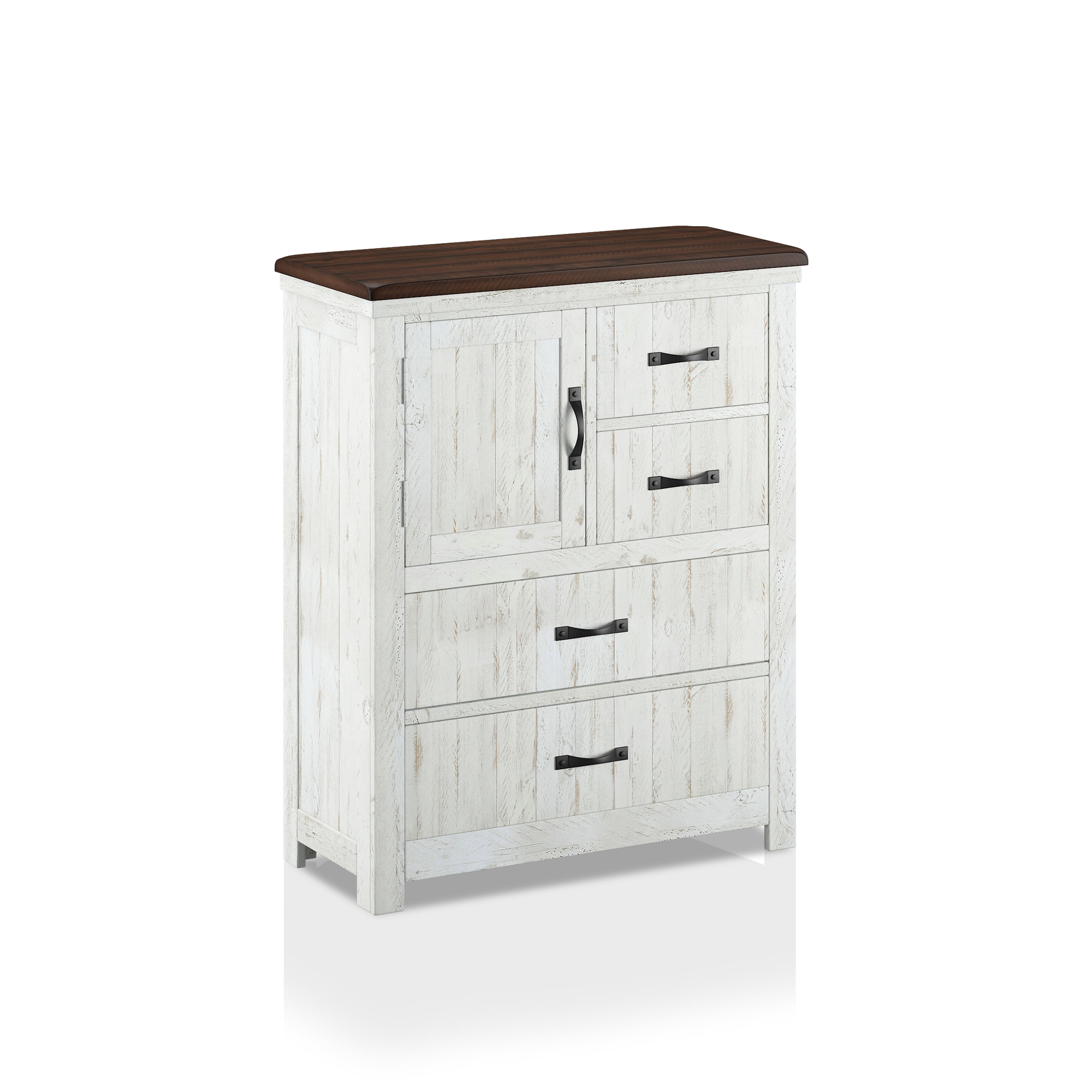 Furniture of America Glenmoor 4-Drawer Chest, Distressed White and Walnut