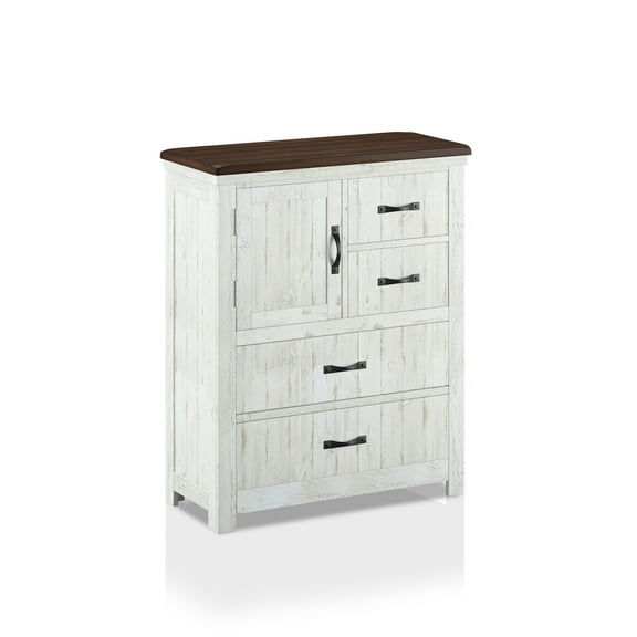 Furniture of America Glenmoor 4-Drawer Chest, Distressed White and Walnut