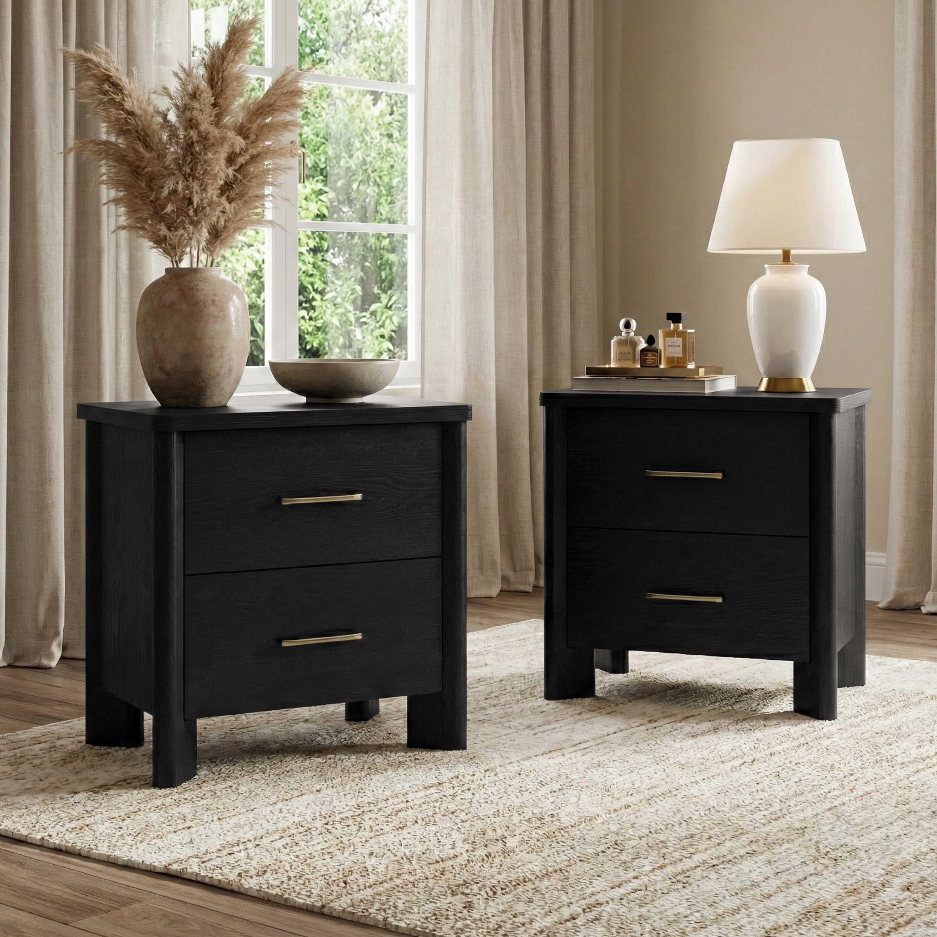 Furniture of America Gracie Modern Wood 2-Drawer Nightstands with USB Ports, Set of 2, Black