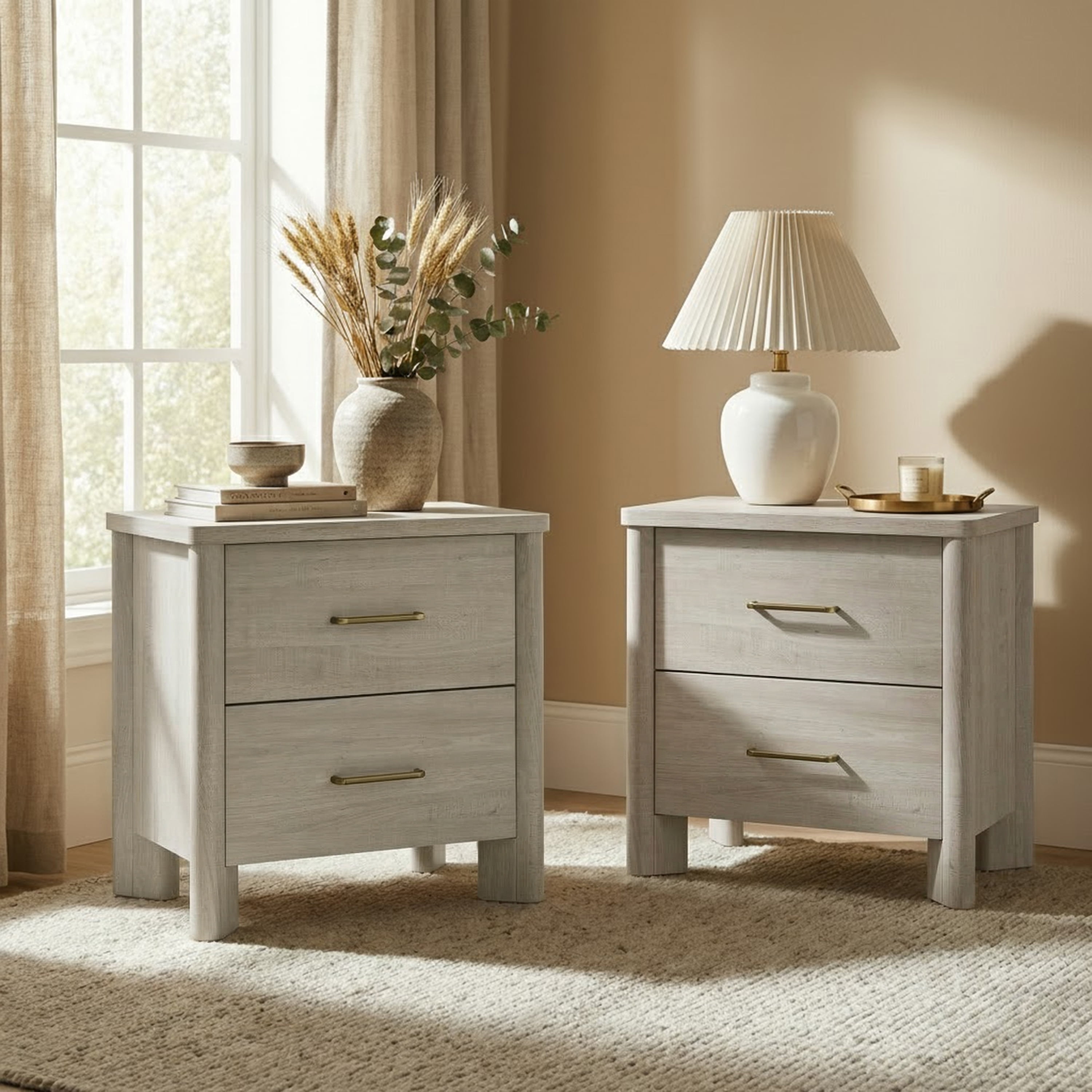 Furniture of America Gracie Modern Wood 2-Drawer Nightstands with USB Ports, Set of 2, Cool Beige