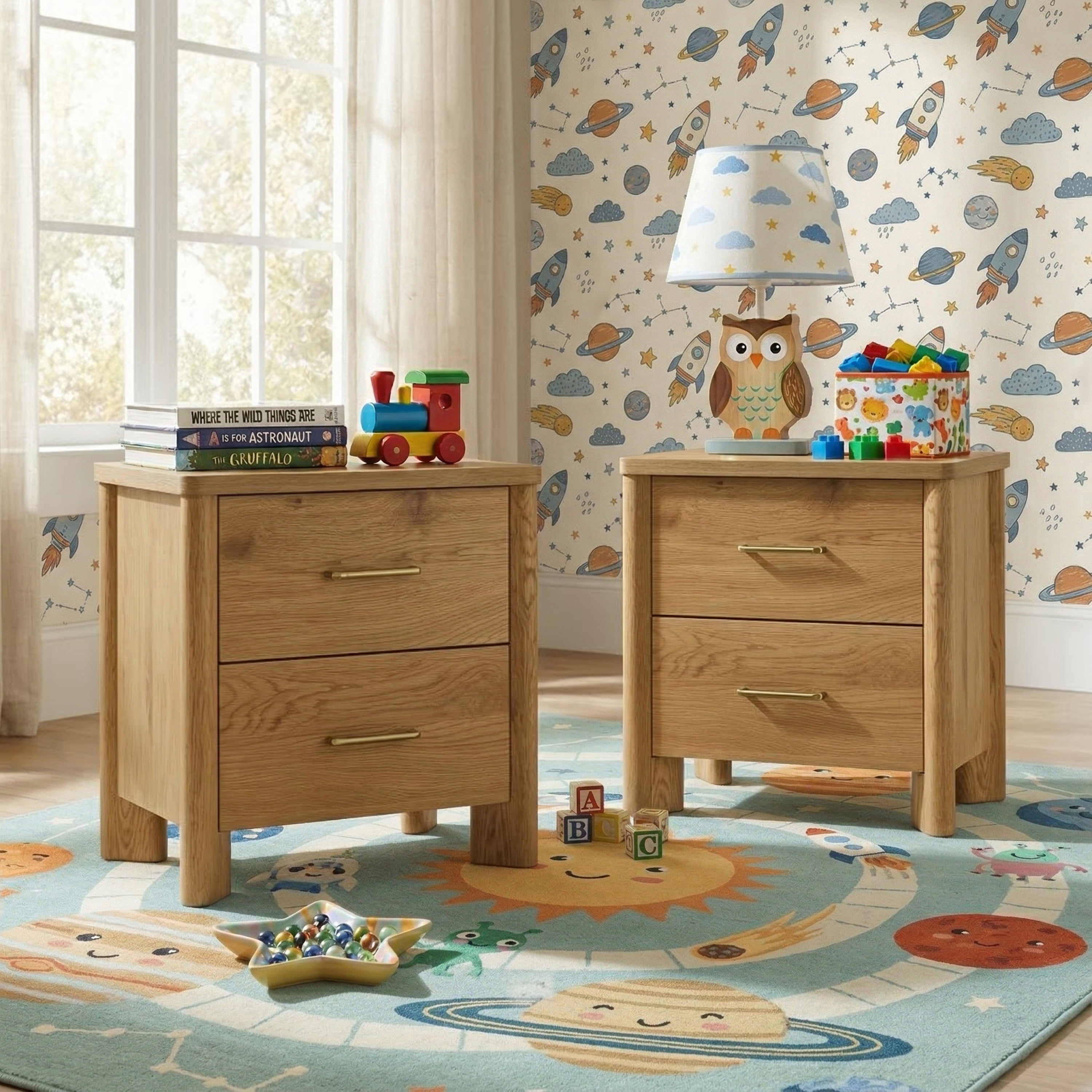 Furniture of America Gracie Modern Wood 2-Drawer Kids Nightstands with USB Ports, Set of 2, Oak