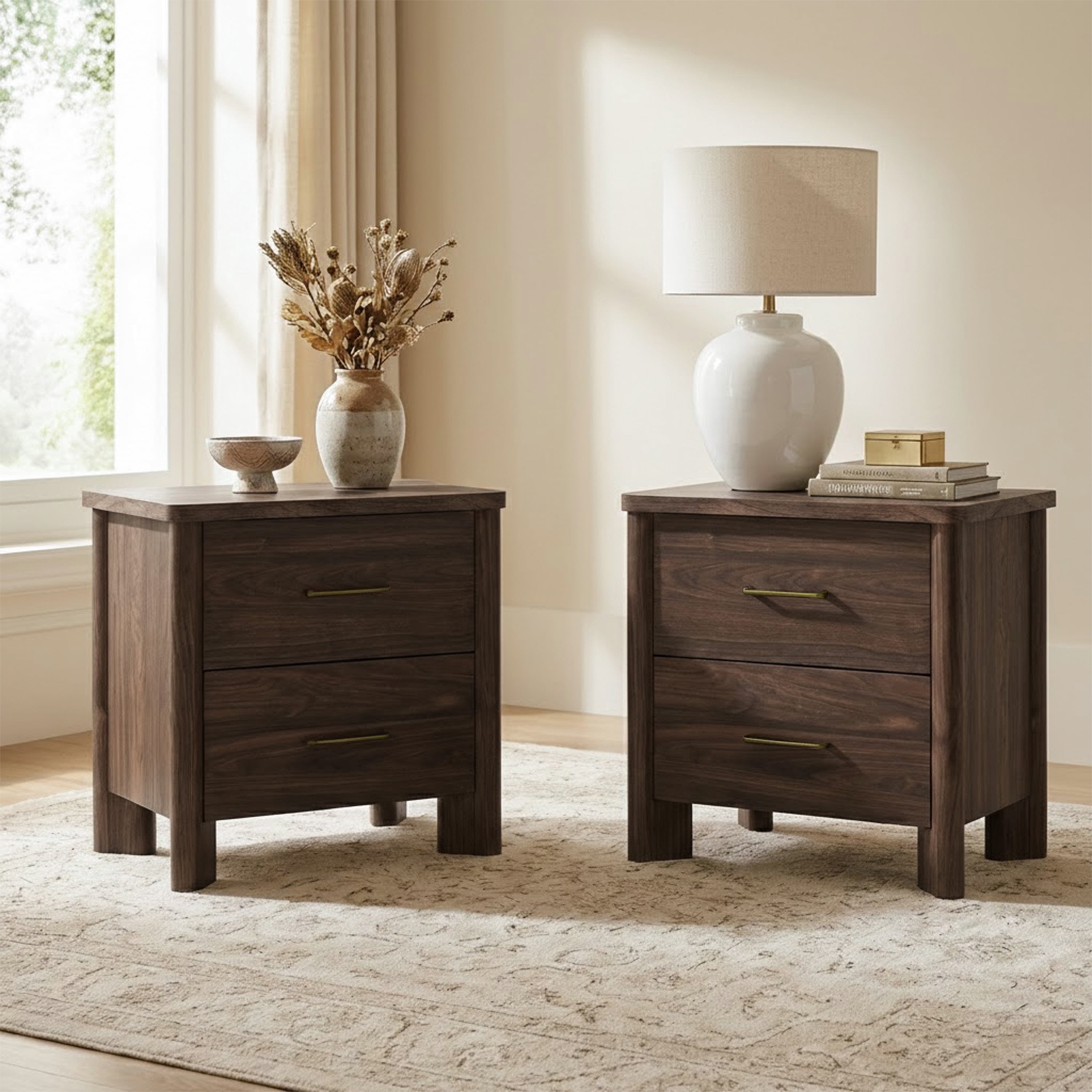 Furniture of America Gracie Modern Wood 2-Drawer Nightstands with USB Ports, Set of 2, Walnut