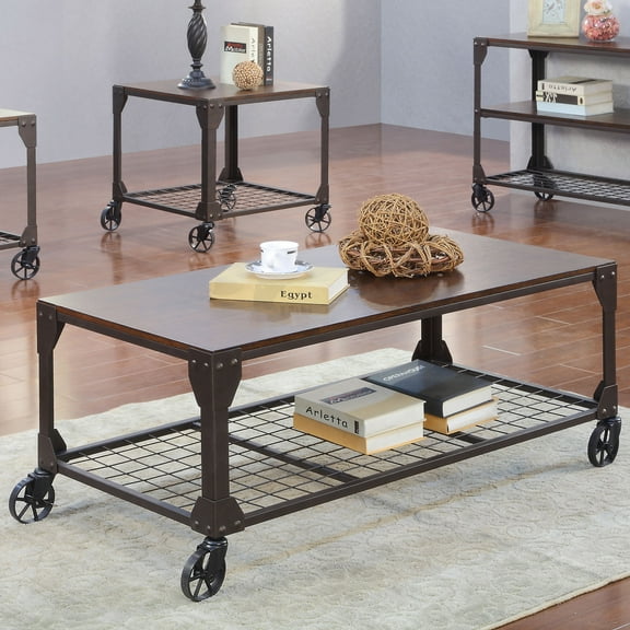 Furniture of America Greyson Metal Coffee Table with Casters, Walnut