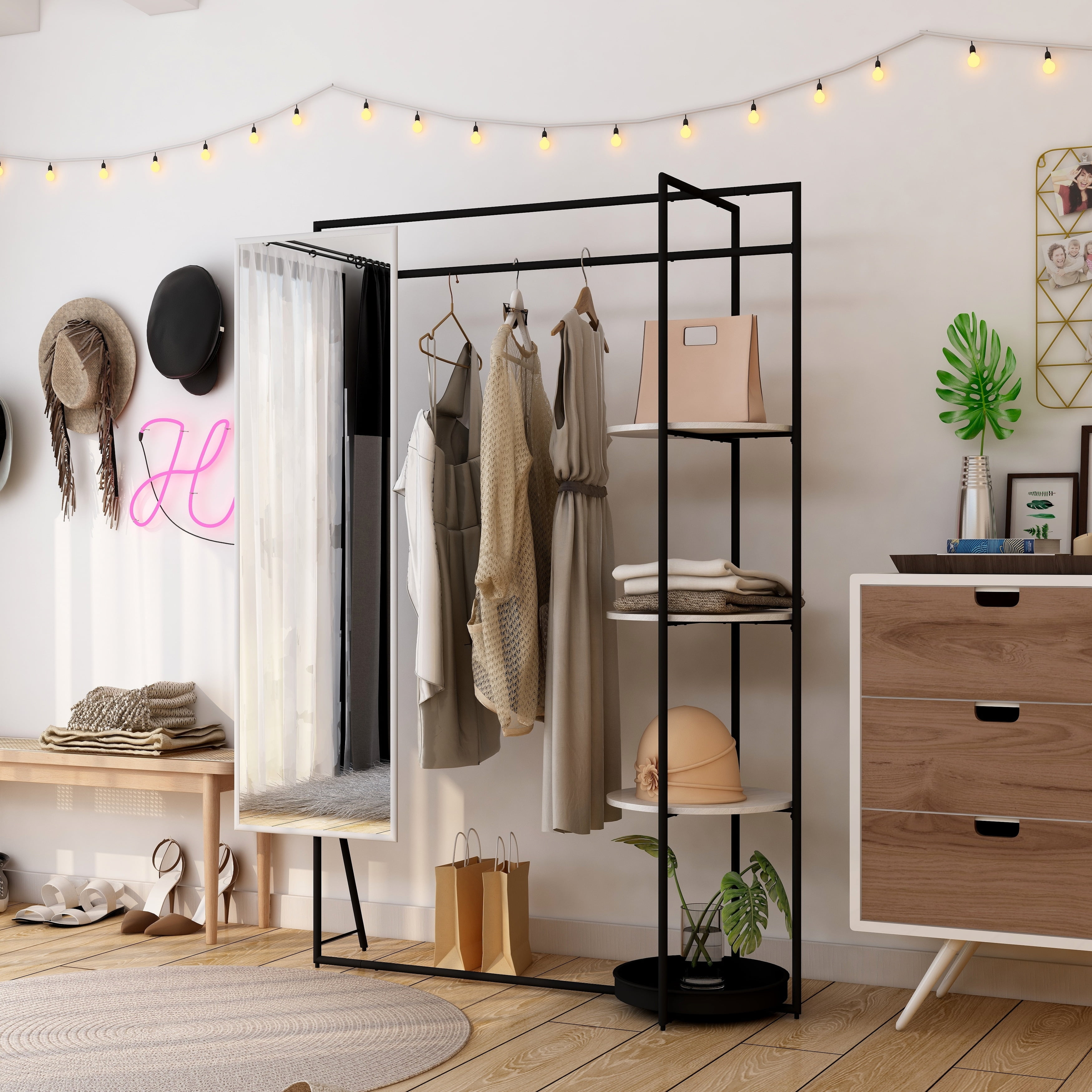 Contemporary Black and White Steel Coat Stand with Mirror