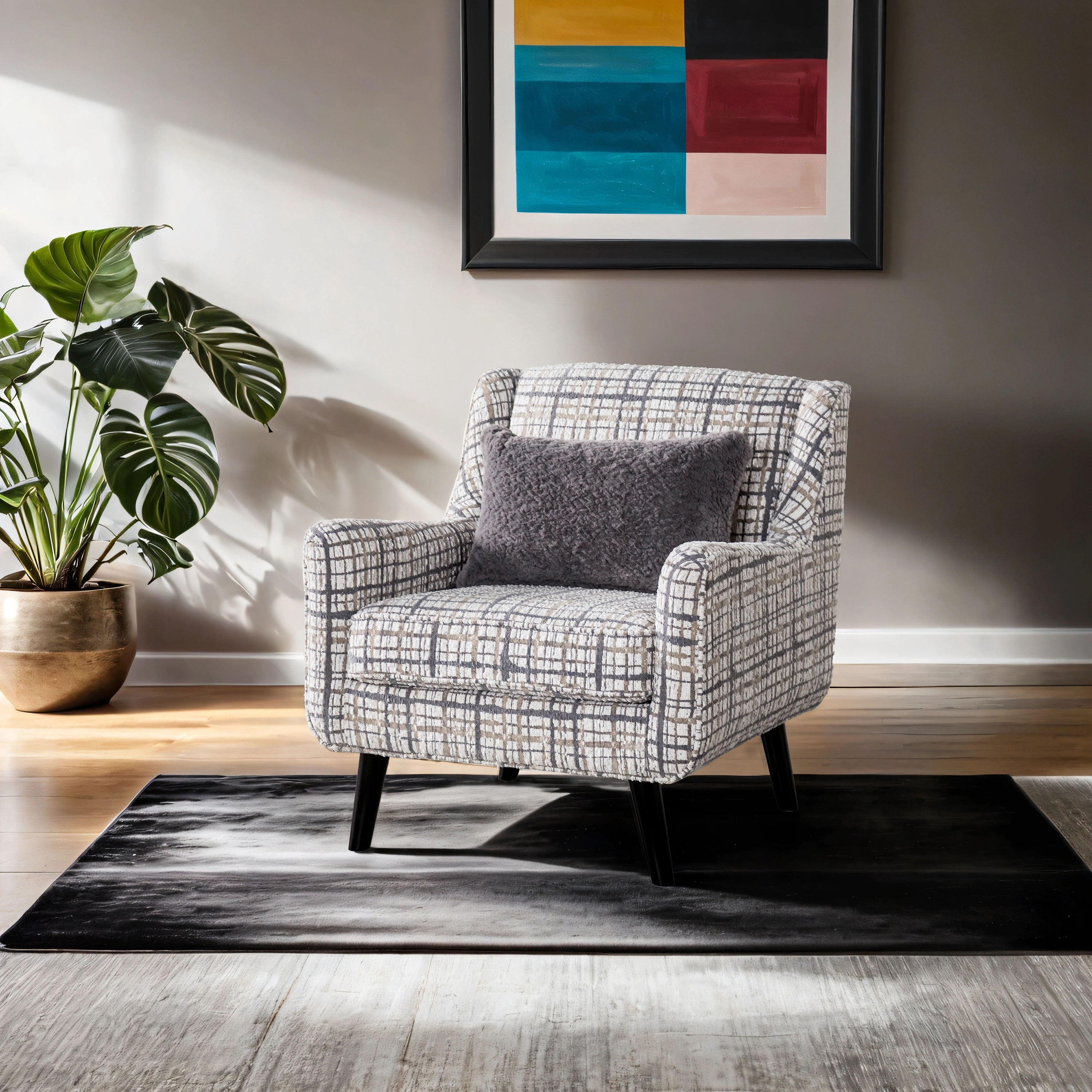 Furniture of America Gwen Transitional Fabric Plaid Patterned Track Arm Indoor Accent Chair, White and Black