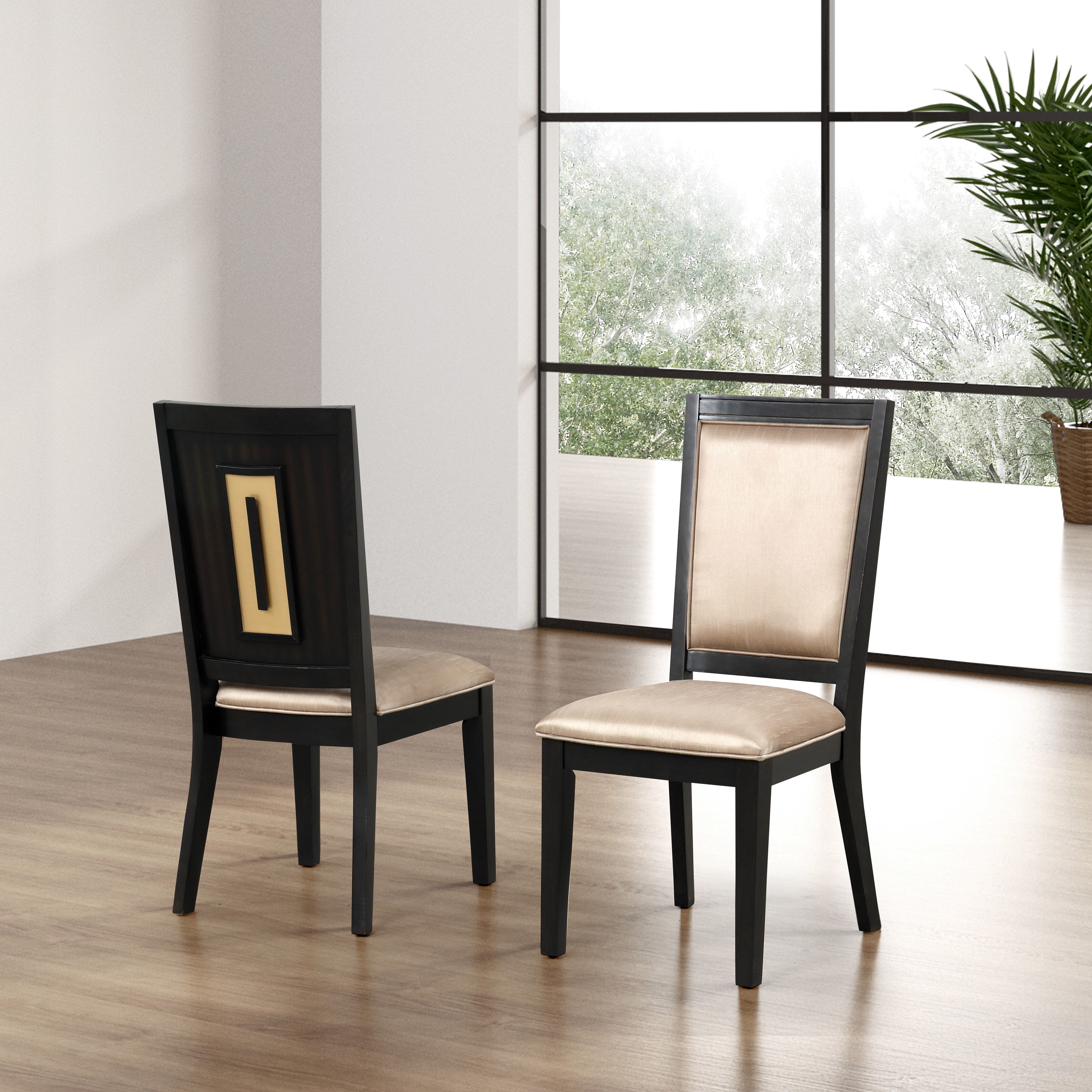 Beige Upholstered High Back Wood Side Chair with Gold Accent