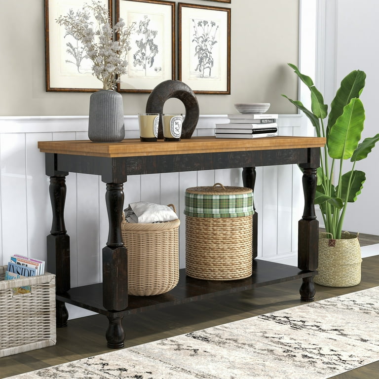 Furniture of America Harrington Farmhouse Antique Black and Oak 47 Inch Pine 1 Shelf Sofa Table by Size Antique Black Oak
