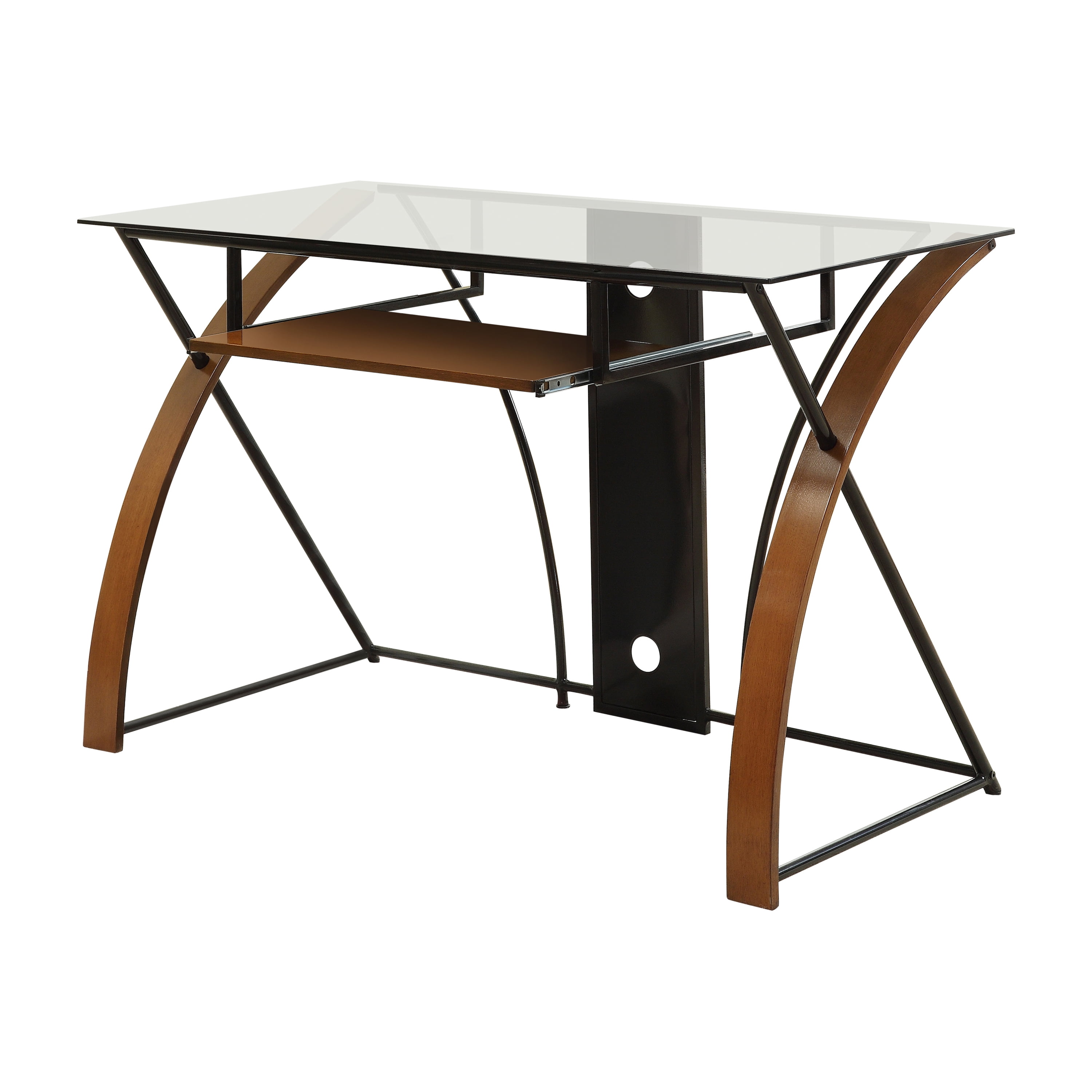 Furniture of America Harrrisburg Contemporary Metal Glass Desk with Keyboard Tray in Cherry Finish