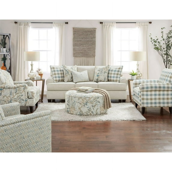 Furniture of America Haveli Chenille 3-Piece Sofa Set with Floral Chair in Ivory