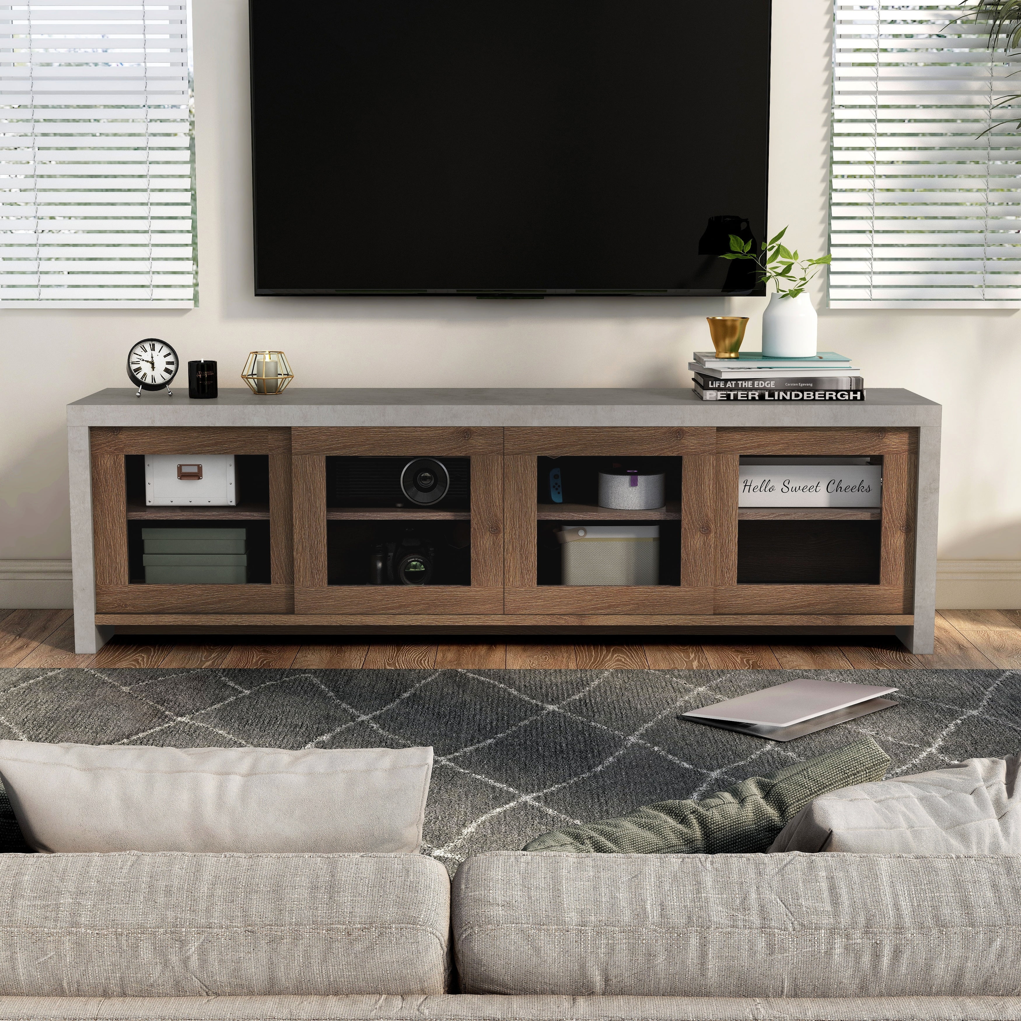 Haylin Distressed Walnut 71-Inch Multi-Functional TV Console with Glass Doors