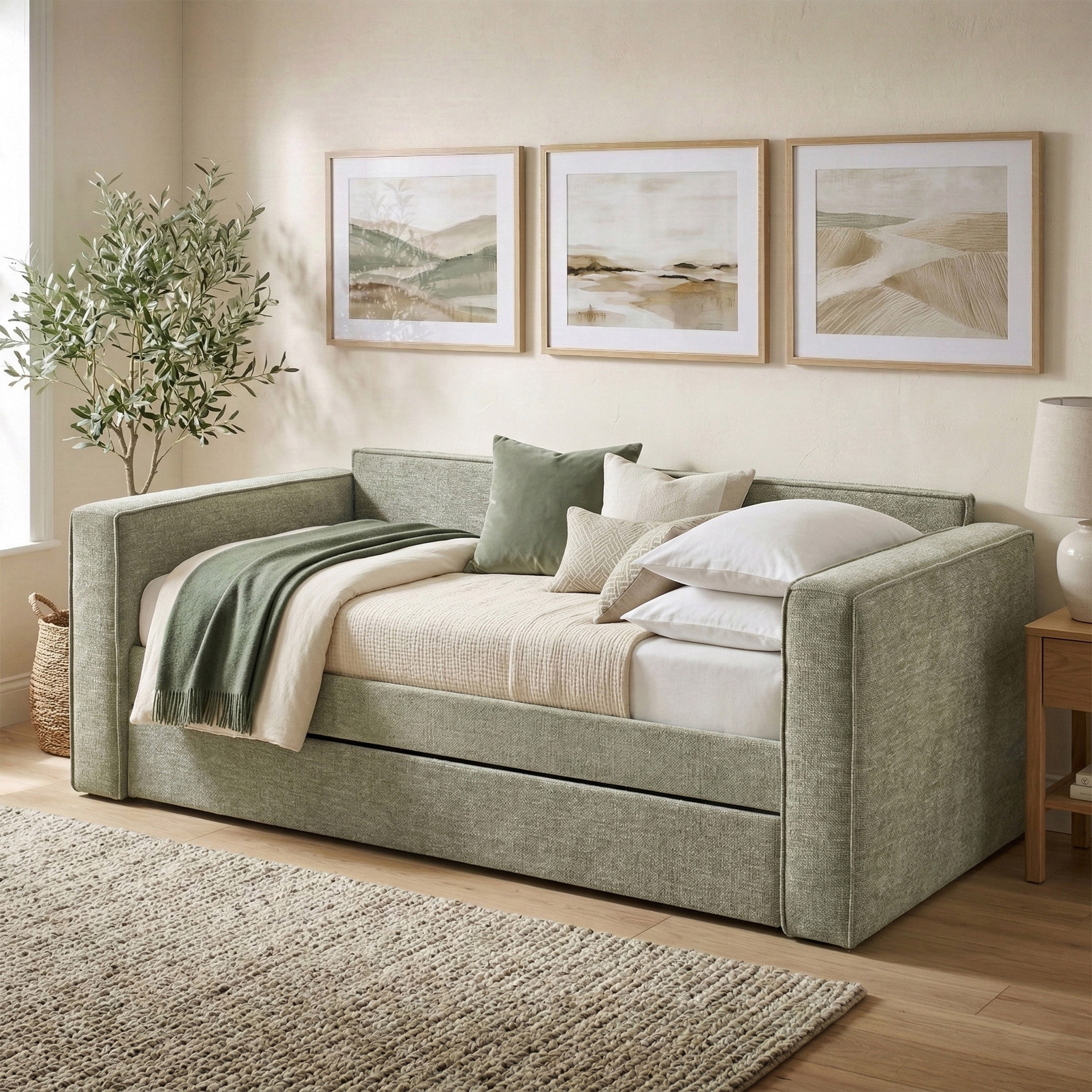 Furniture of America Hearth Fully Fabric Upholstered Square Arm Twin Daybed with Trundle, Light Green
