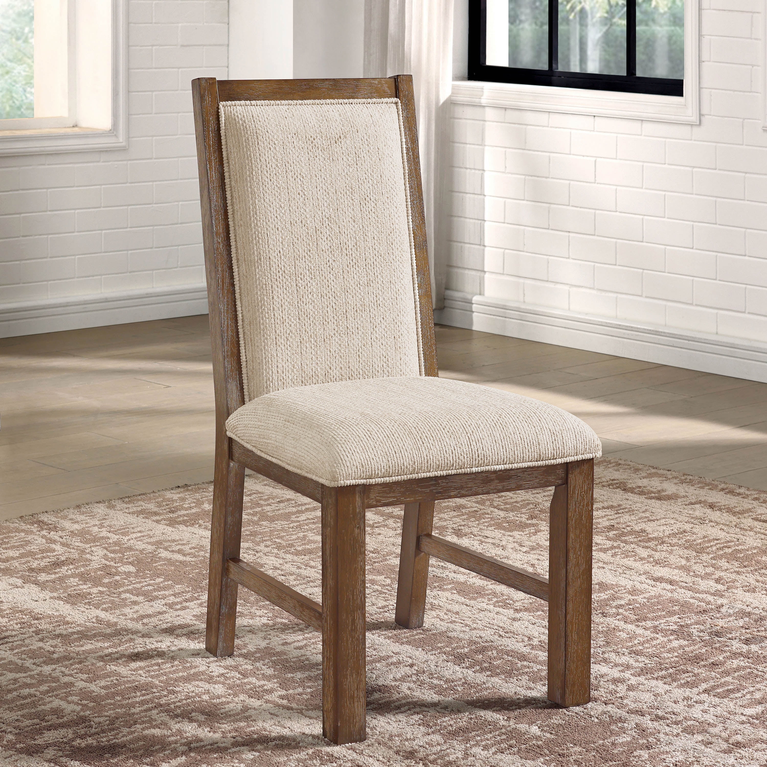 Beige Upholstered High Back Wood Side Chair