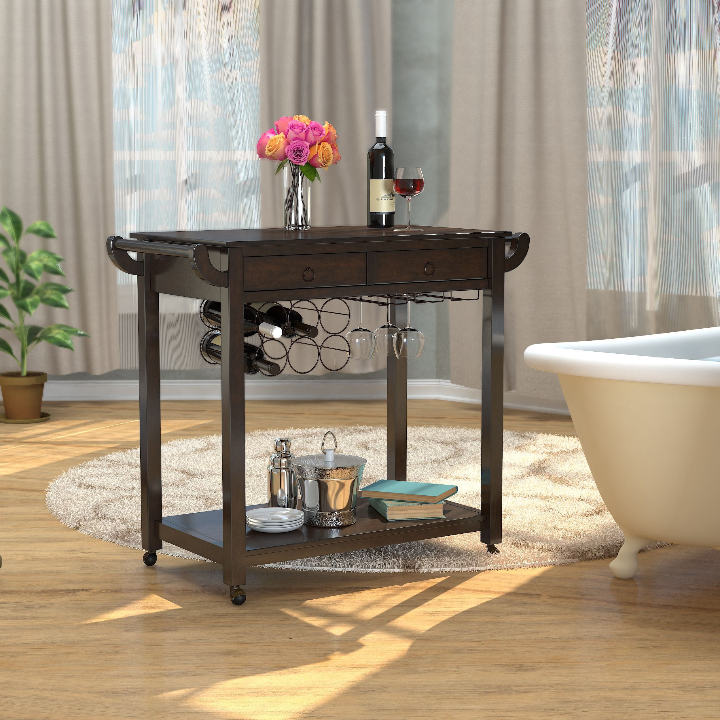 Furniture of America Heron Multi-Storage Serving Cart, Dark Walnut