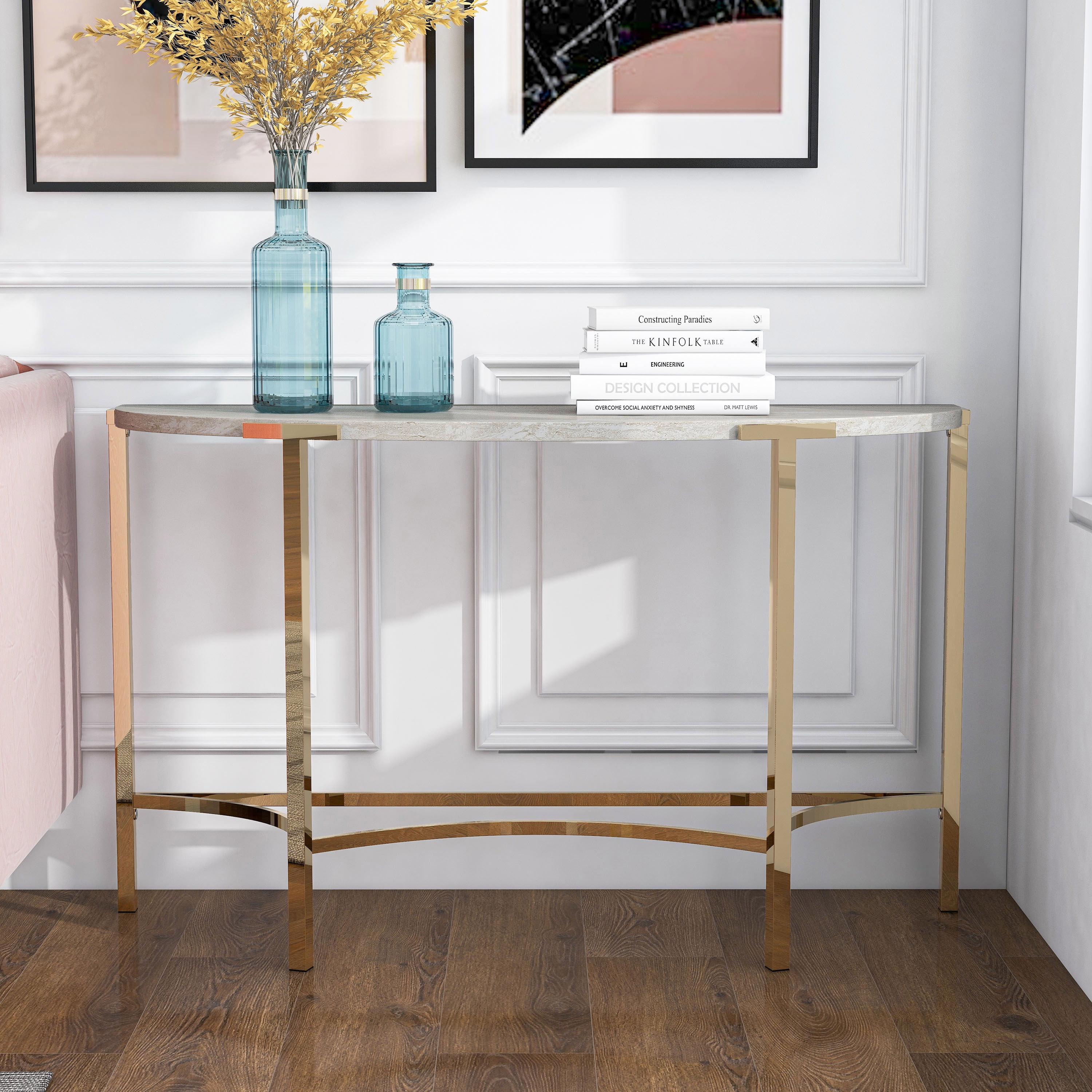 Champagne Gold Metal Half-Circle Console Table with Faux Marble Top