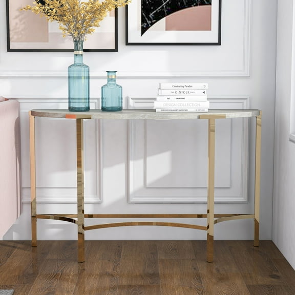 Furniture of America Heure Haft-Circle Metal Champagne and White Sofa Table