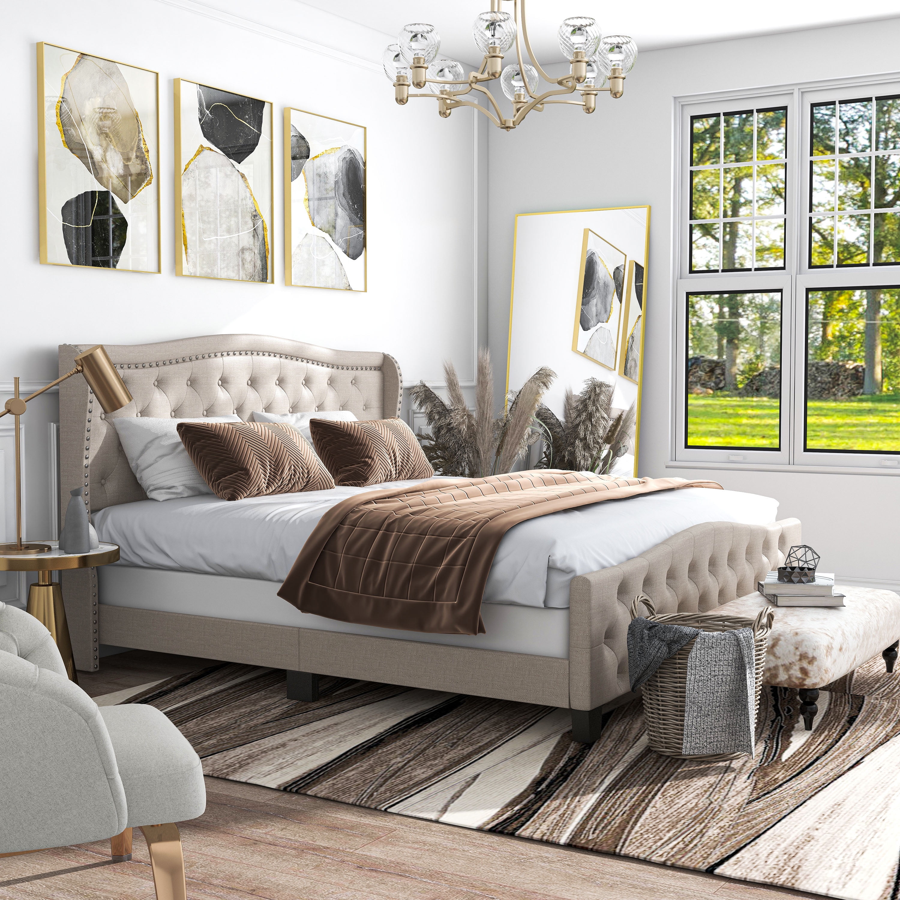 Furniture of America Hillcrest Fabric Tufted Bed Ivory Full Beige