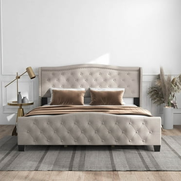 Furniture of America Hillcrest Fabric Tufted Bed, Ivory, King