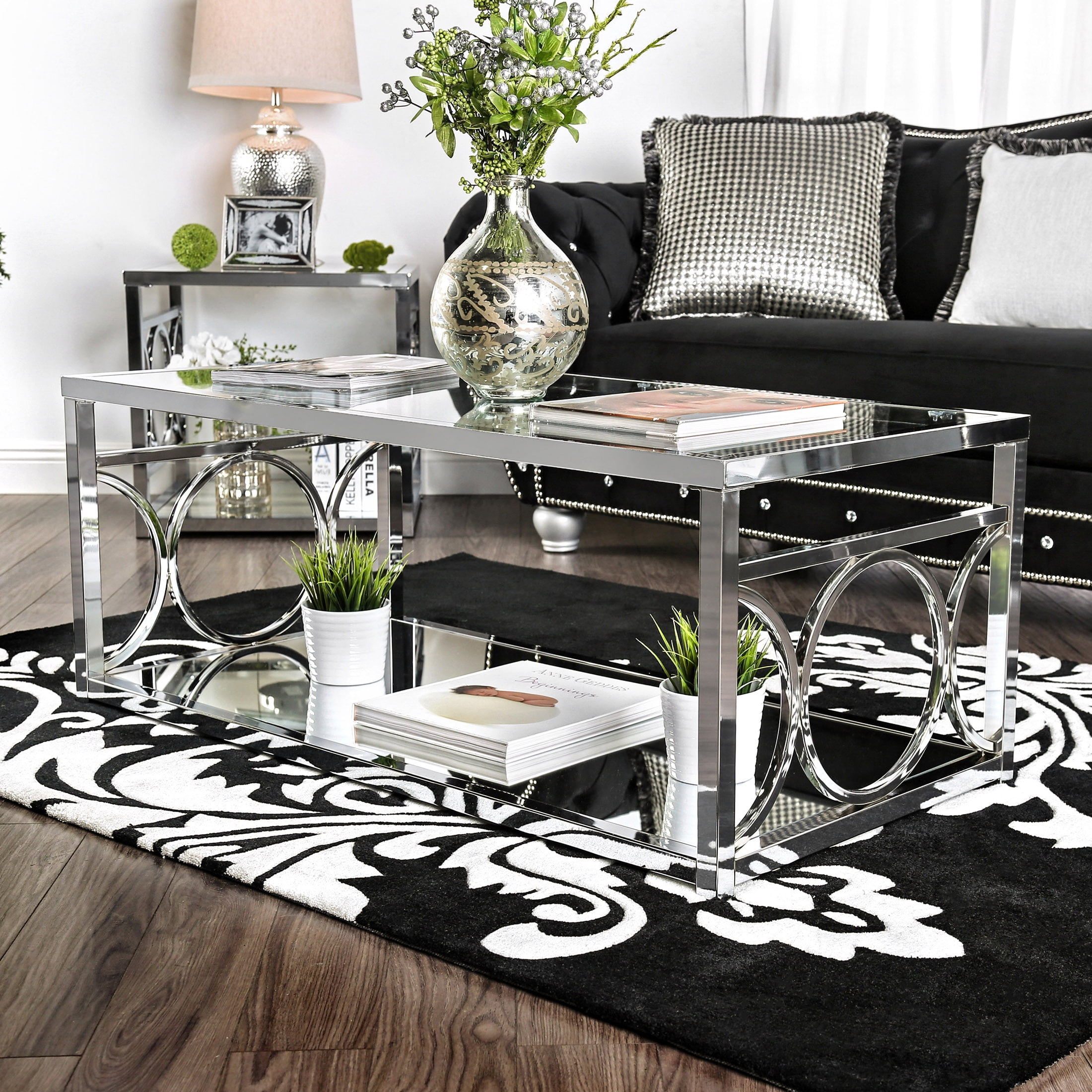 Furniture of America Hirsh Glass Top Coffee Table, Chrome