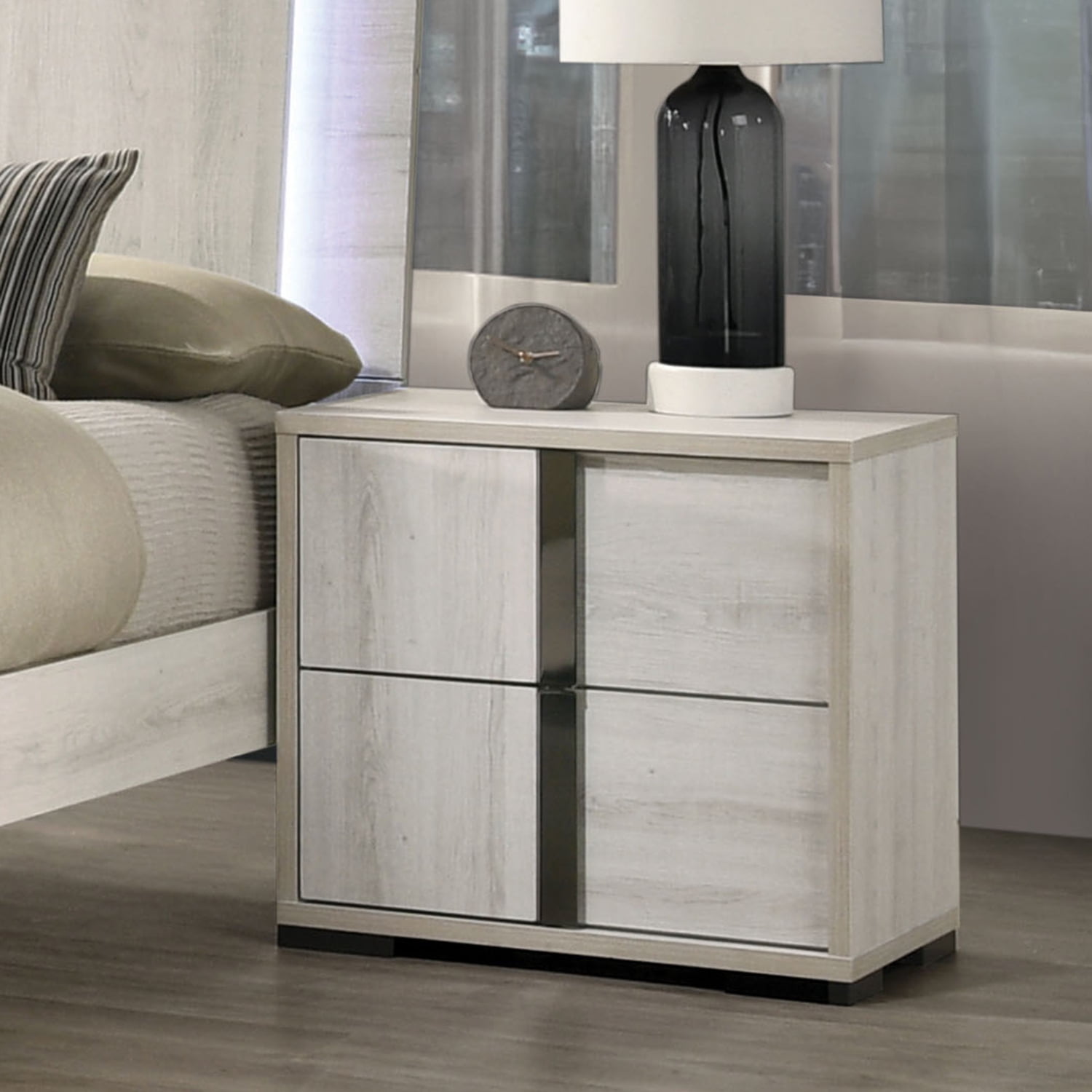 Washed White Wood 2-Drawer Nightstand with Chrome Handles