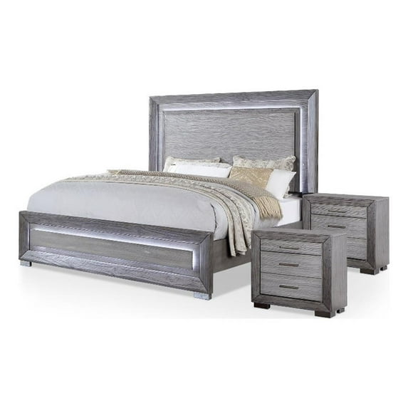 Furniture of America Iden 3pc Gray Wood Bedroom Set - Cal King + 2 Nightstands