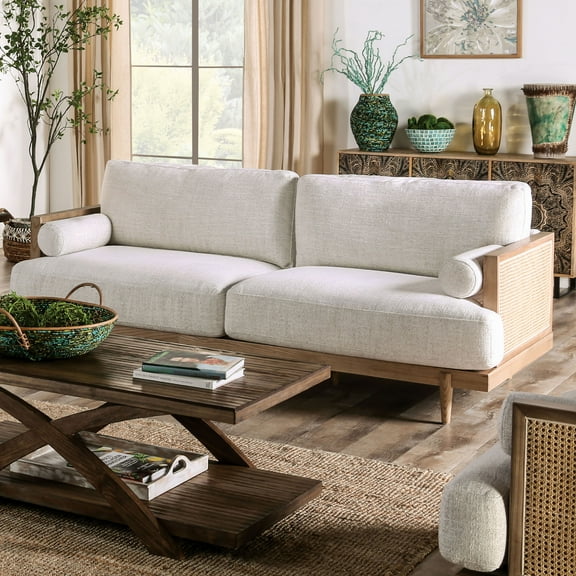 Furniture of America Indingham Beige Fabric Cushioned and Wood Light Oak Sofa