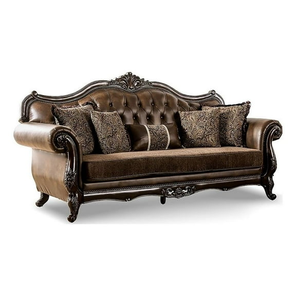 Furniture of America Innes Faux Leather Tufted Sofa in Dark Cherry and Brown