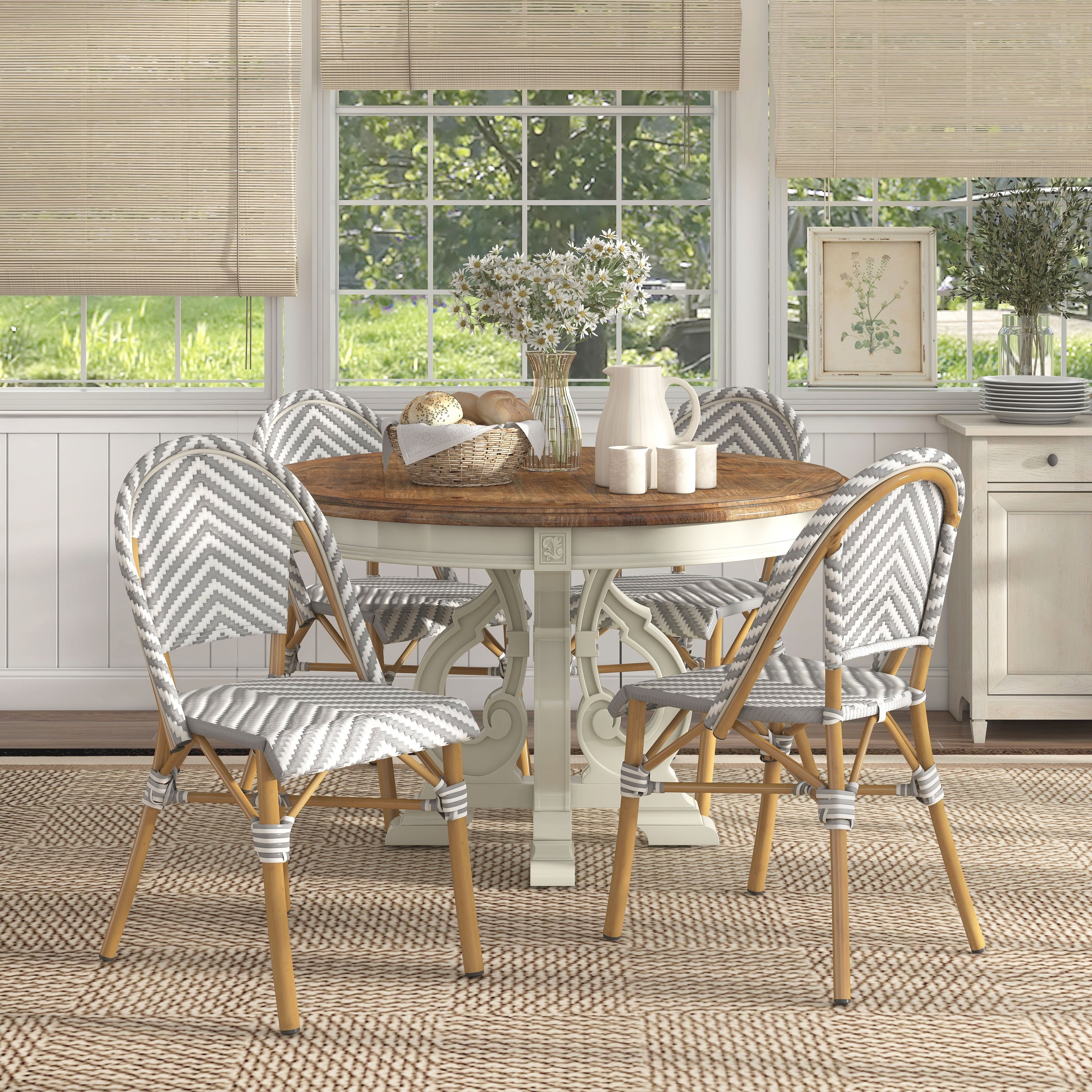 Gray Chevron Wicker Patio Dining Chairs with Natural Aluminum Frame, Set of 2