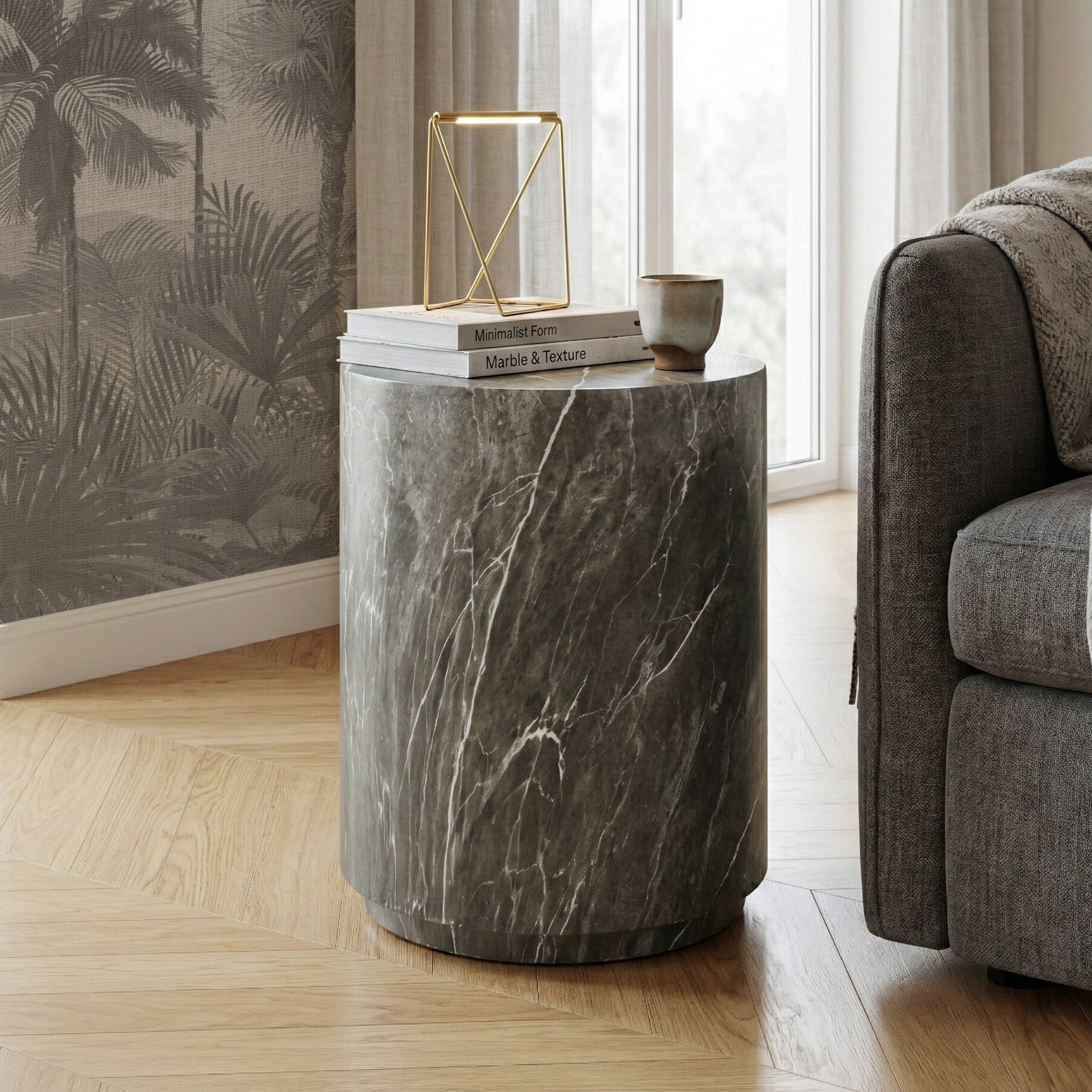Furniture of America Isla Modern Stone Indoor & Covered Patio Round Drum End Table, Brown Gray Marble
