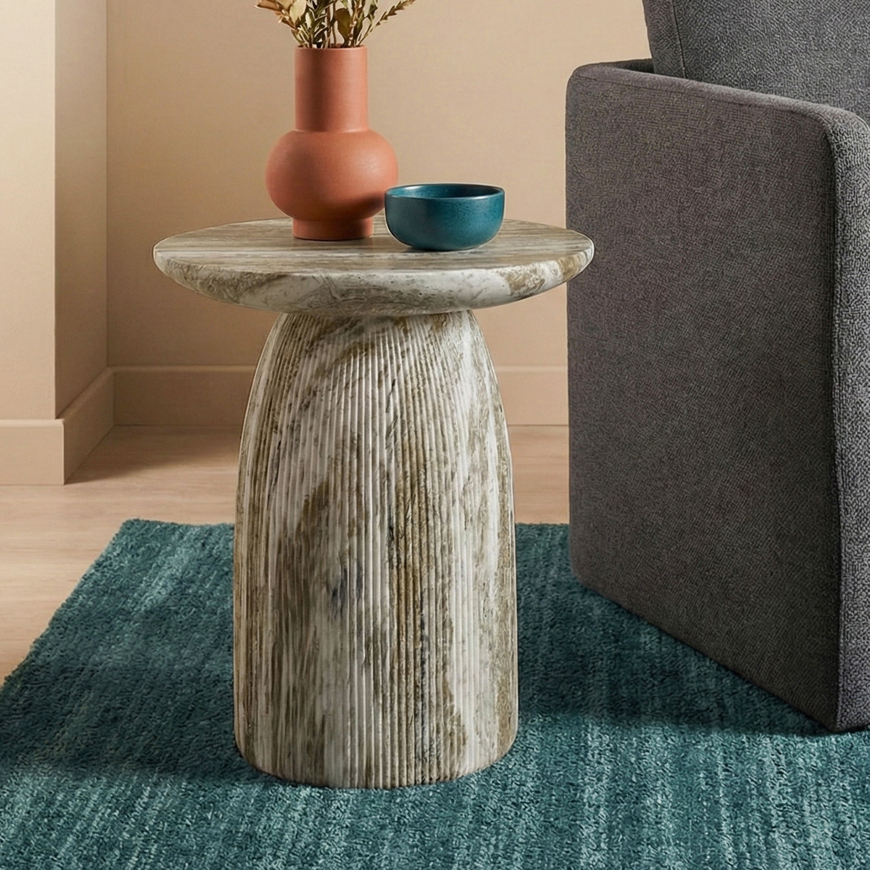 Furniture of America Isla Modern Stone Indoor & Covered Patio Round Pedestal End Table, Gray Travertine