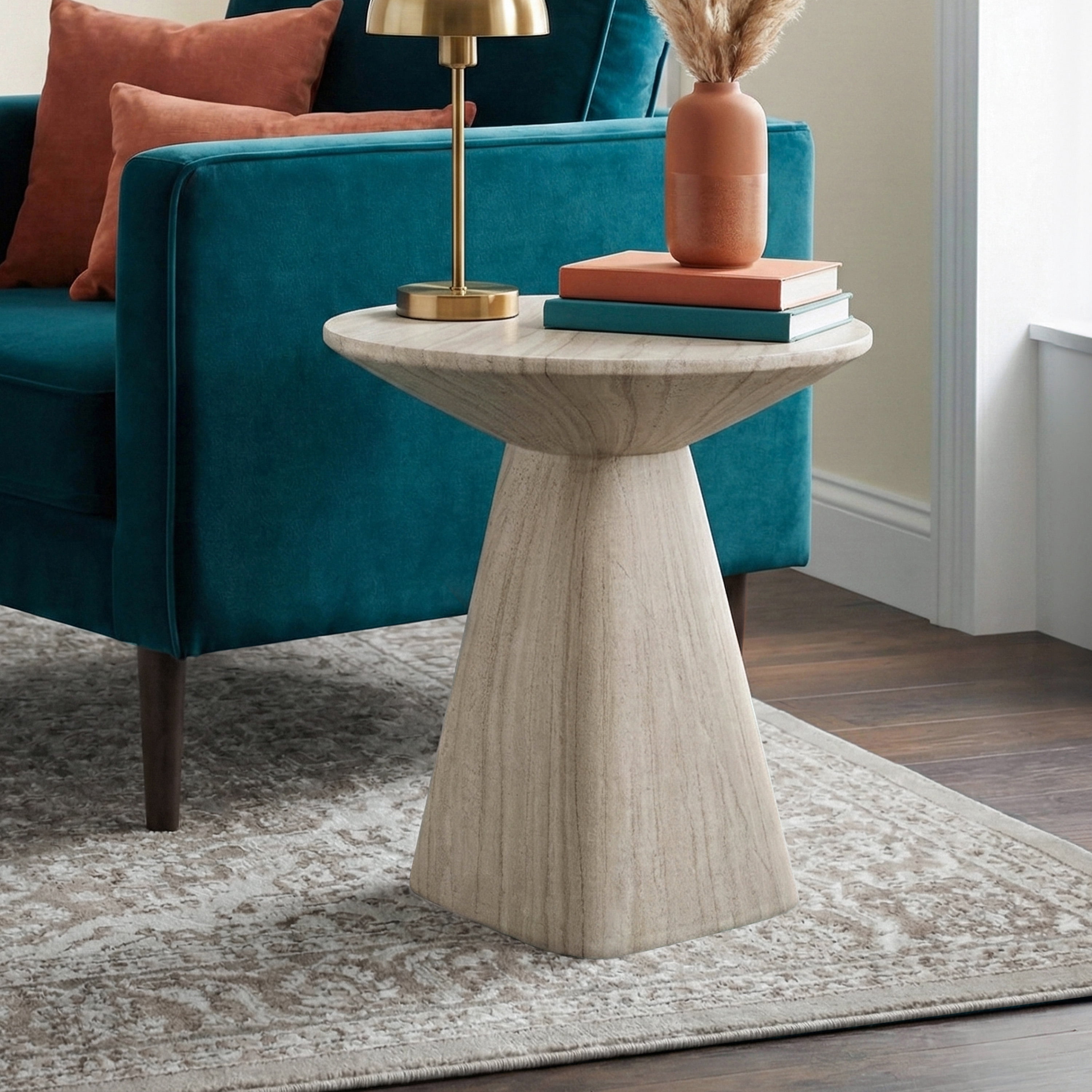 Furniture of America Isla Modern Stone Indoor & Covered Patio Round Sculptural Pedestal End Table, Beige Travertine