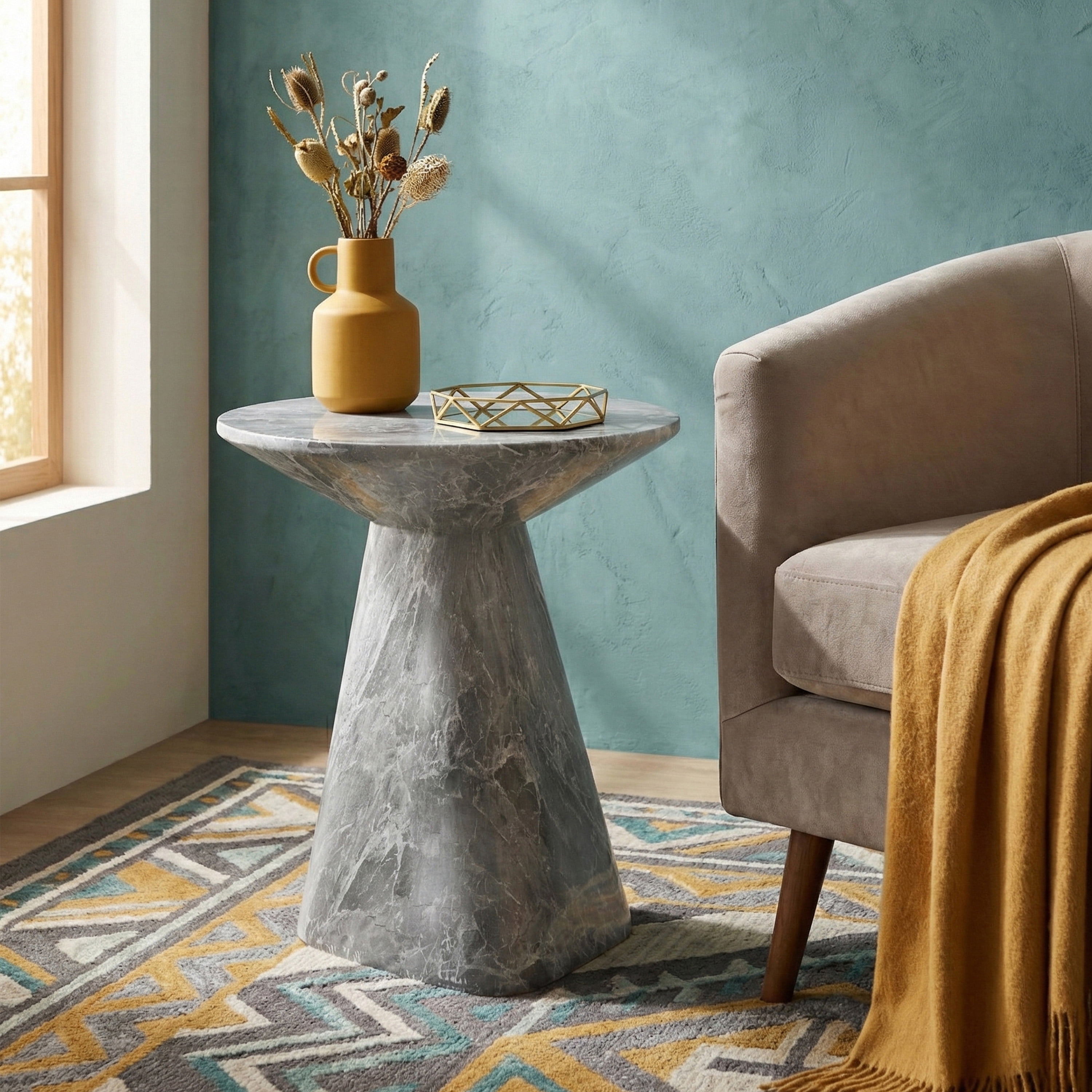 Furniture of America Isla Modern Stone Indoor & Covered Patio Round Sculptural Pedestal End Table, Gray Marble