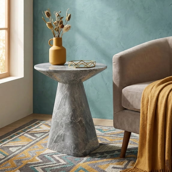 Furniture of America Isla Modern Stone Indoor & Covered Patio Round Sculptural Pedestal End Table, Gray Marble