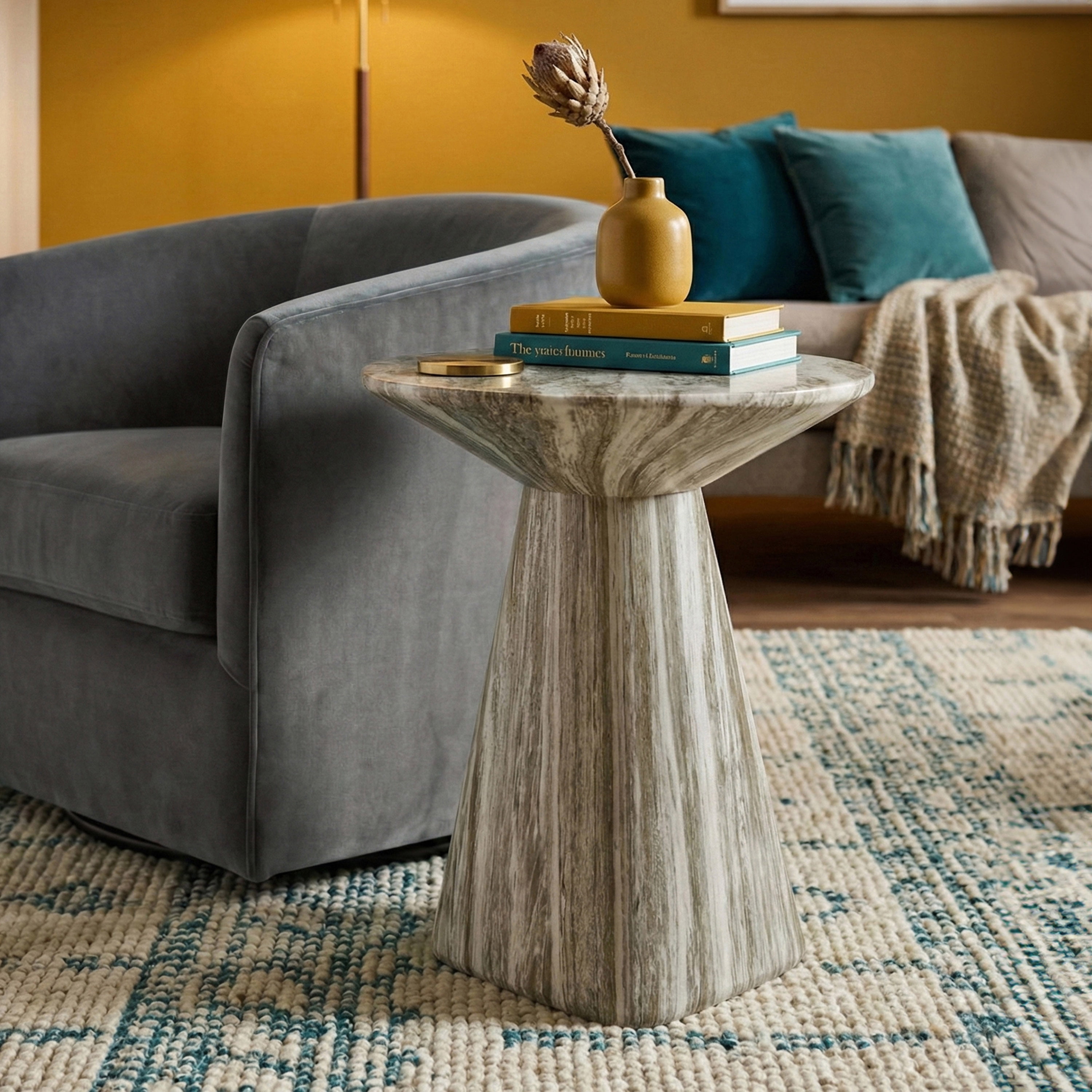 Furniture of America Isla Modern Stone Indoor & Covered Patio Round Sculptural Pedestal End Table, Gray Travertine
