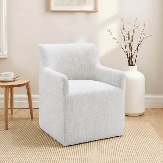 Furniture of America Jaine Modern Fabric Barrel Back Dining Arm Chair with Casters, Pristine White