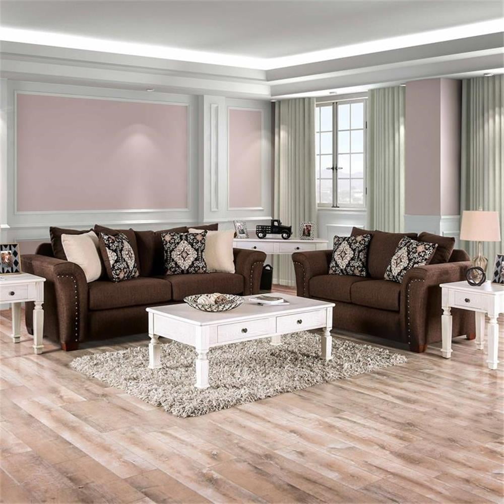Chocolate and Tan Linen-like Fabric Transitional Sofa Set