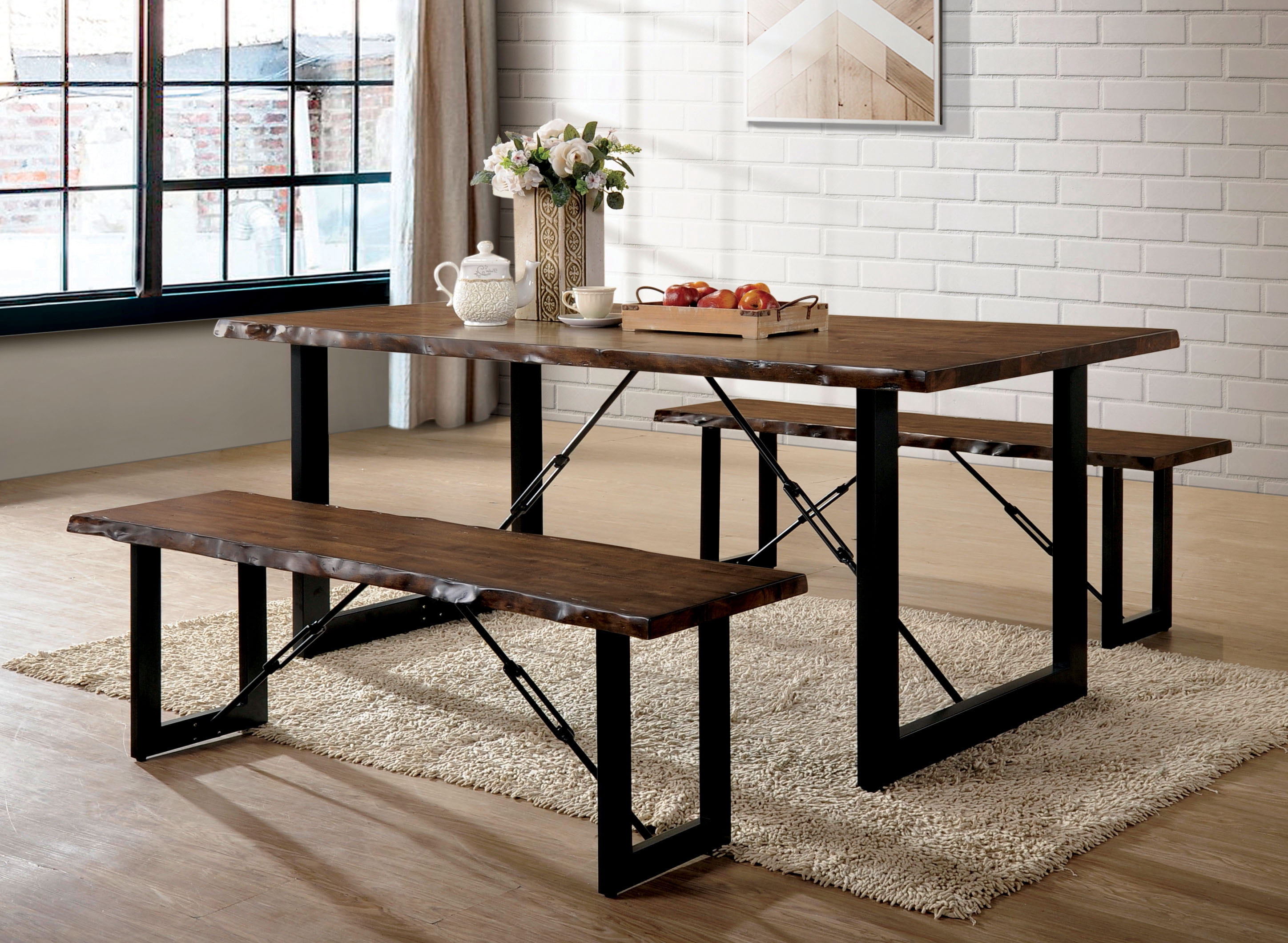 Furniture of America Jared 3 Piece Rustic Dining Table Set, Walnut Finish