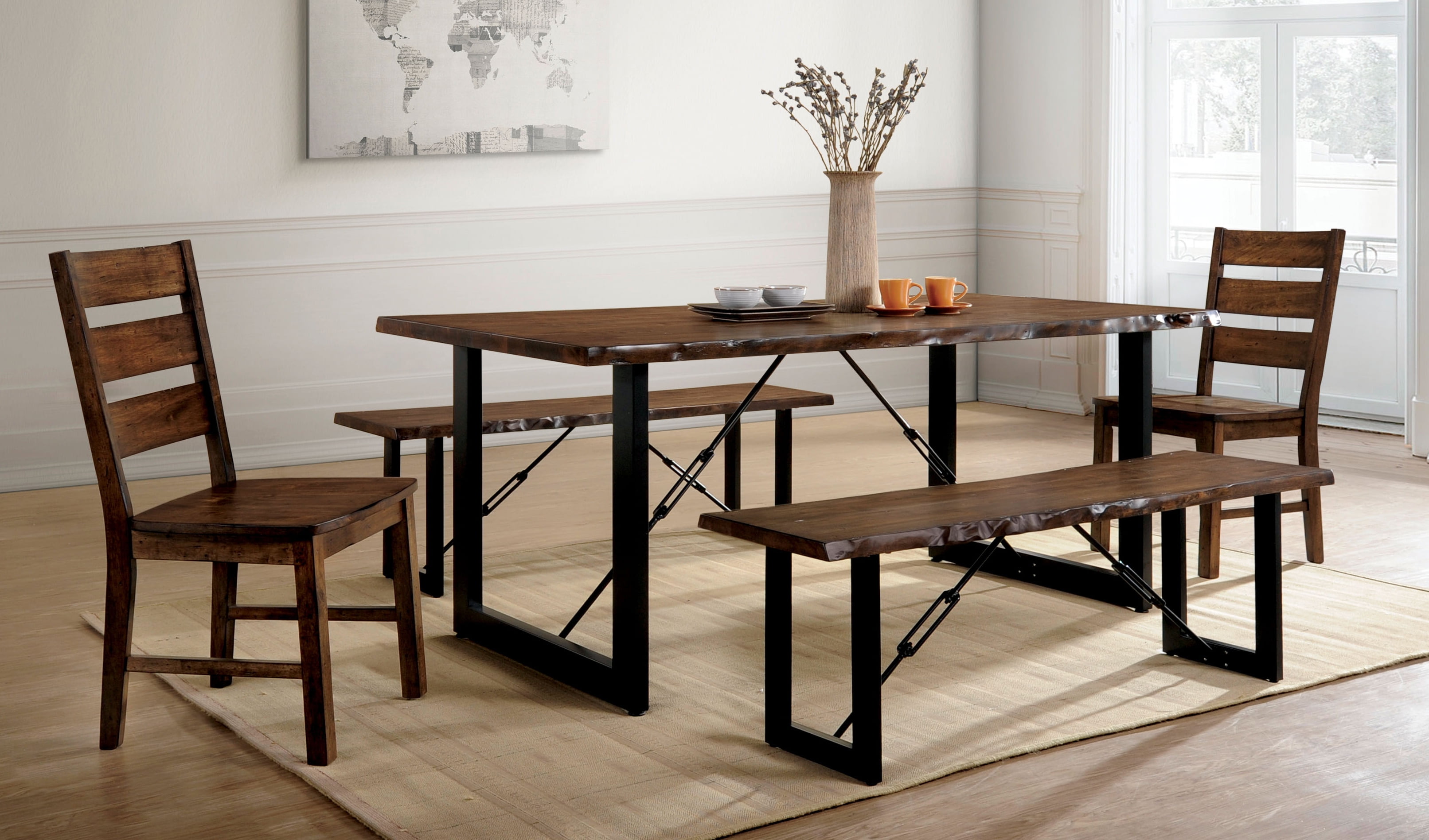 Furniture of America Jared 5 Piece Rustic Dining Table Set, Walnut Finish