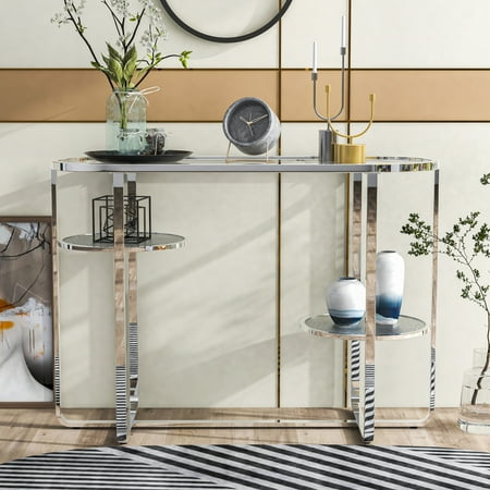 Furniture of America Jolle 2-Shelf Water Ripples Pattern Glass Top and Chrome Sofa Table