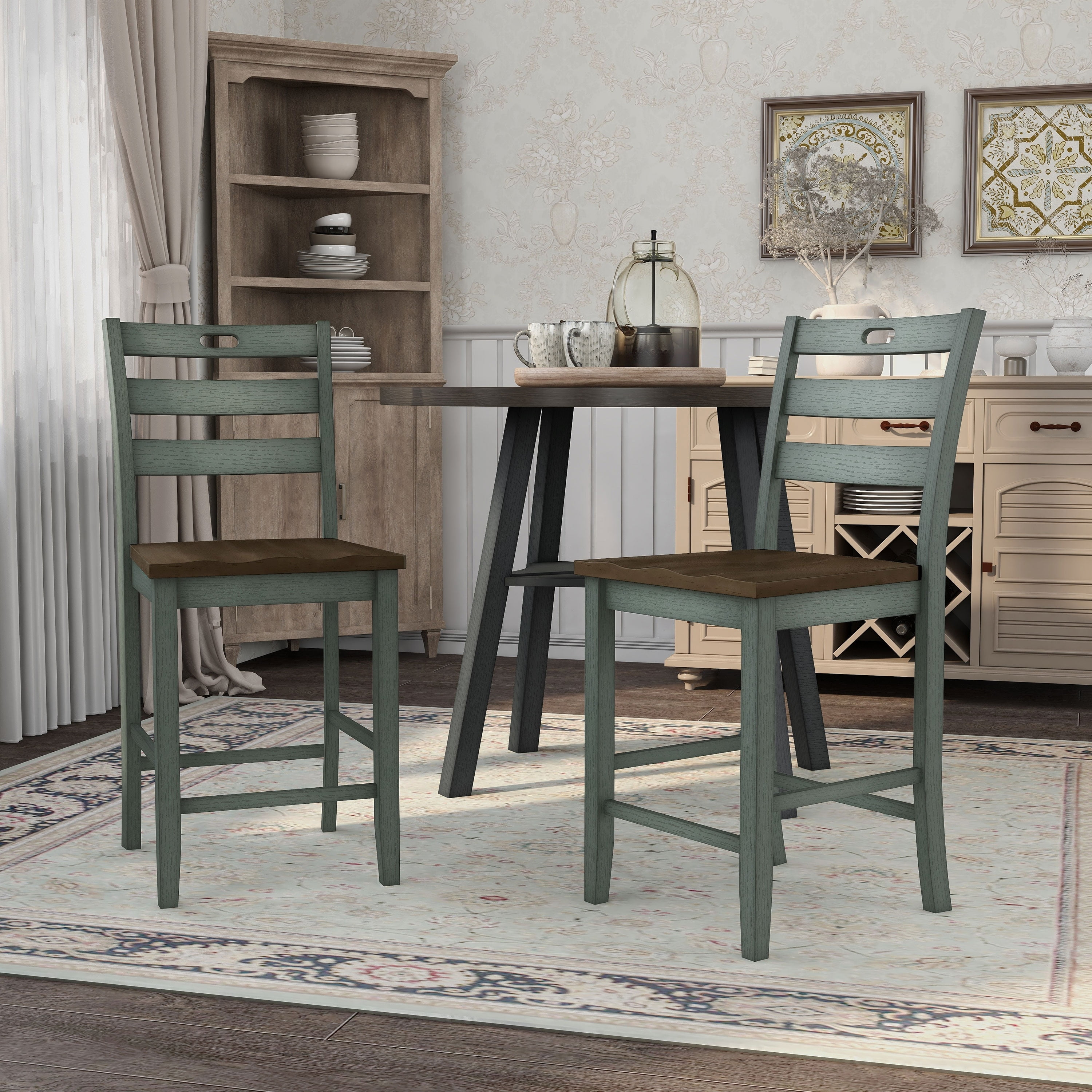 Antique Green and Oak Farmhouse Ladder Back Counter Height Chairs, Set of 2
