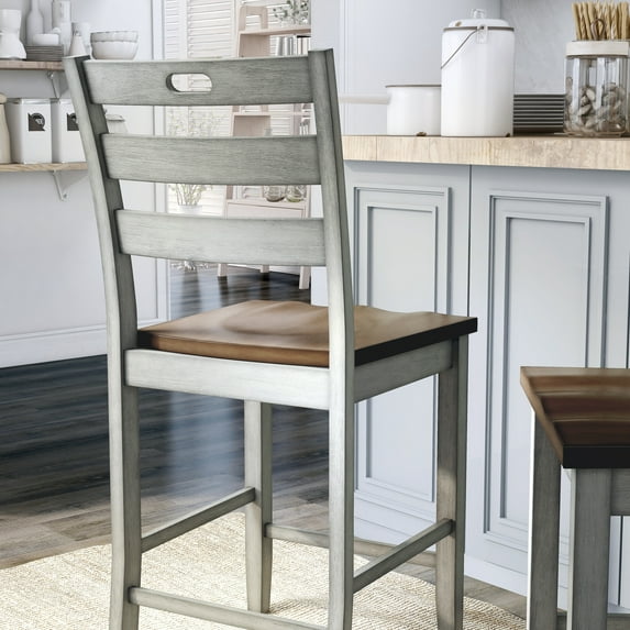 Furniture of America Jonah Farmhouse Wood Ladder Back Counter Height Chairs by (Set of 2) Light Grey Antique,Grey Finish