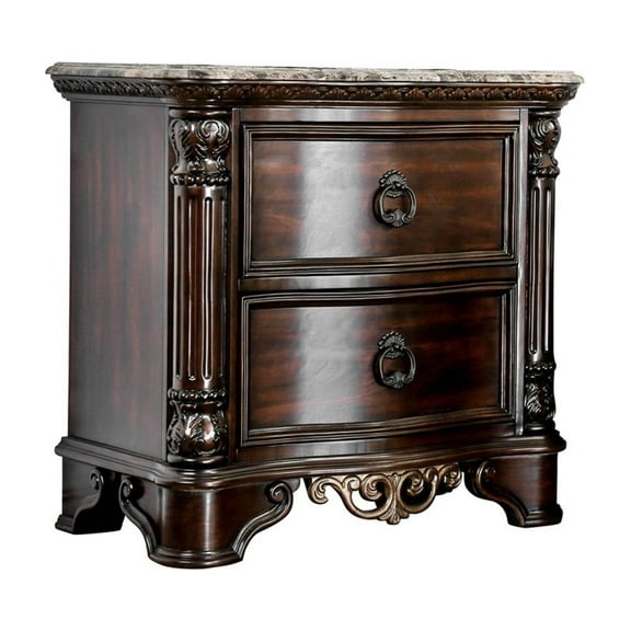 Furniture of America Jordan Wood and Marble Top Nightstand in Brown Cherry