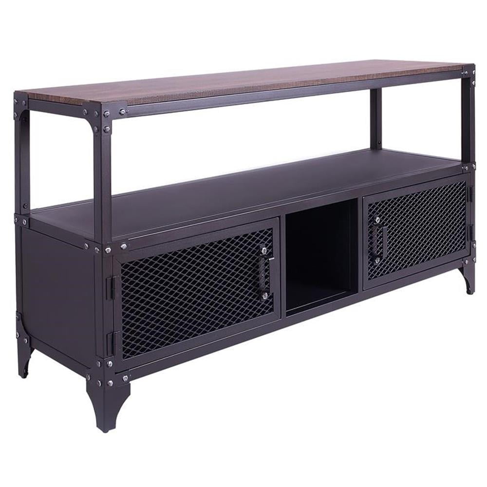Industrial Black Metal and Wood 60-Inch TV Stand with Cabinet